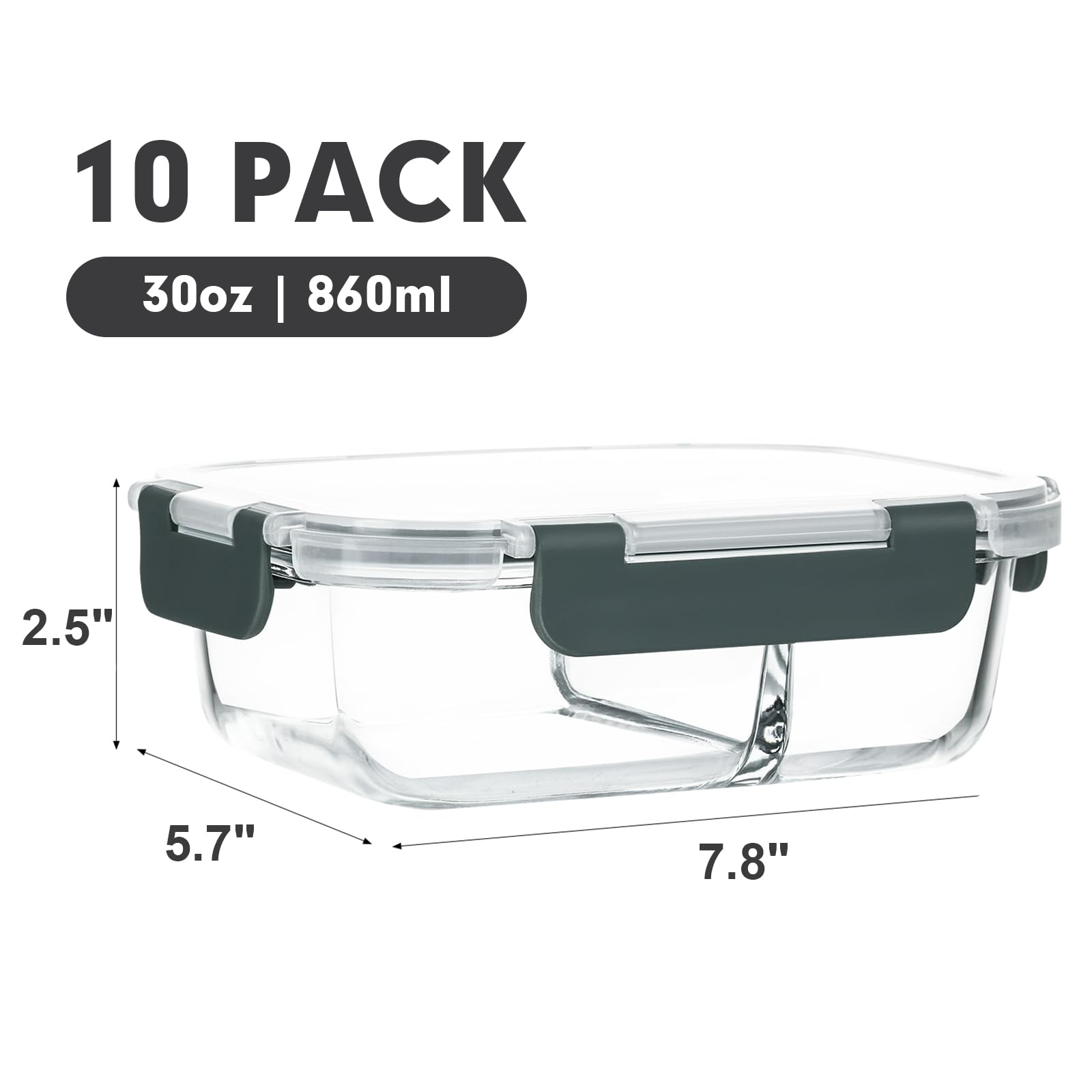 10-Pack 30 Oz Glass Meal Prep Containers with Lids – 2-Compartment Airtight Bento Lunch Boxes, Microwave & Oven Safe, Freezer & Dishwasher Friendly – Perfect for Healthy Meal Prepping, Office Lunches & Food Storage