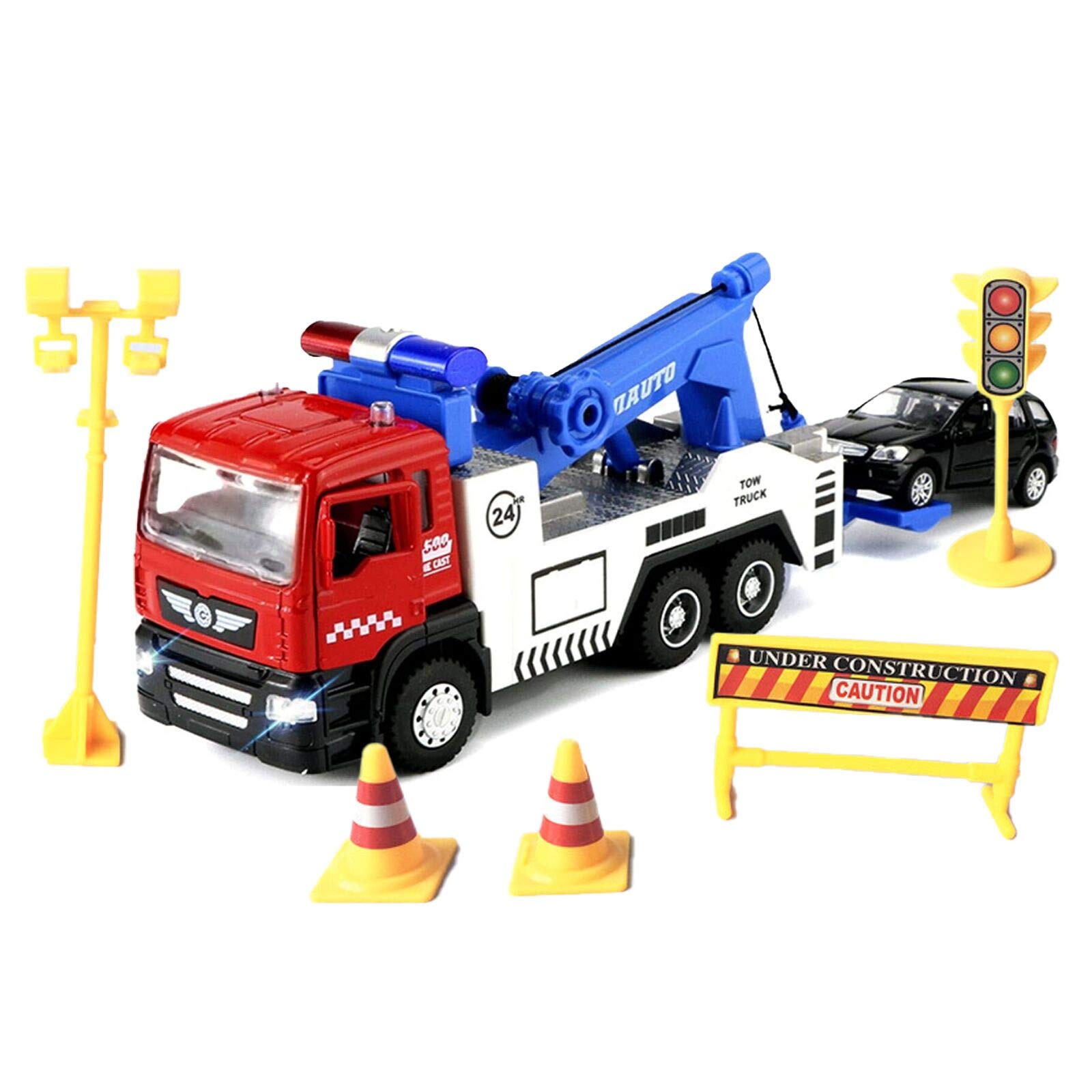 Metal Diecast Toy Tow Truck with Pull Back Action, Lights & Sounds - Miniature Car for Boys (Includes 5 Traffic Signs) - Perfect for Pretend Play, Collecting & Kids' Car Games