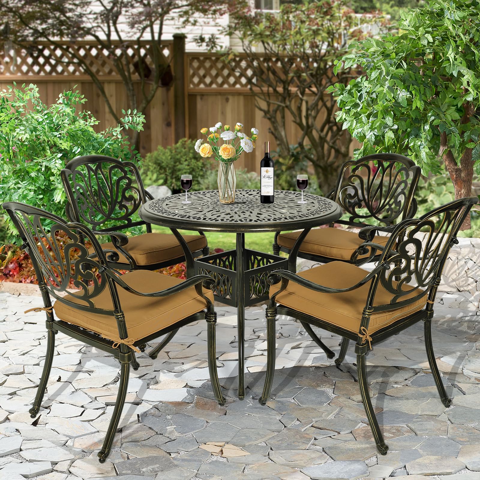 5-Piece All-Weather Outdoor Patio Dining Set - Cast Aluminum Garden Furniture with 4 Chairs, 4 Cushions & 35.4
