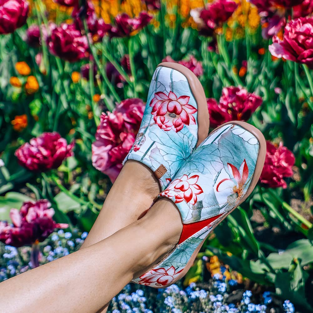 UIN Women's Art Painted Slip-On Canvas Loafers - Lightweight Comfortable Casual Sneakers with Lotus Design (Size 9) | Perfect for Travel, Walking & Boho Fashion Outfits