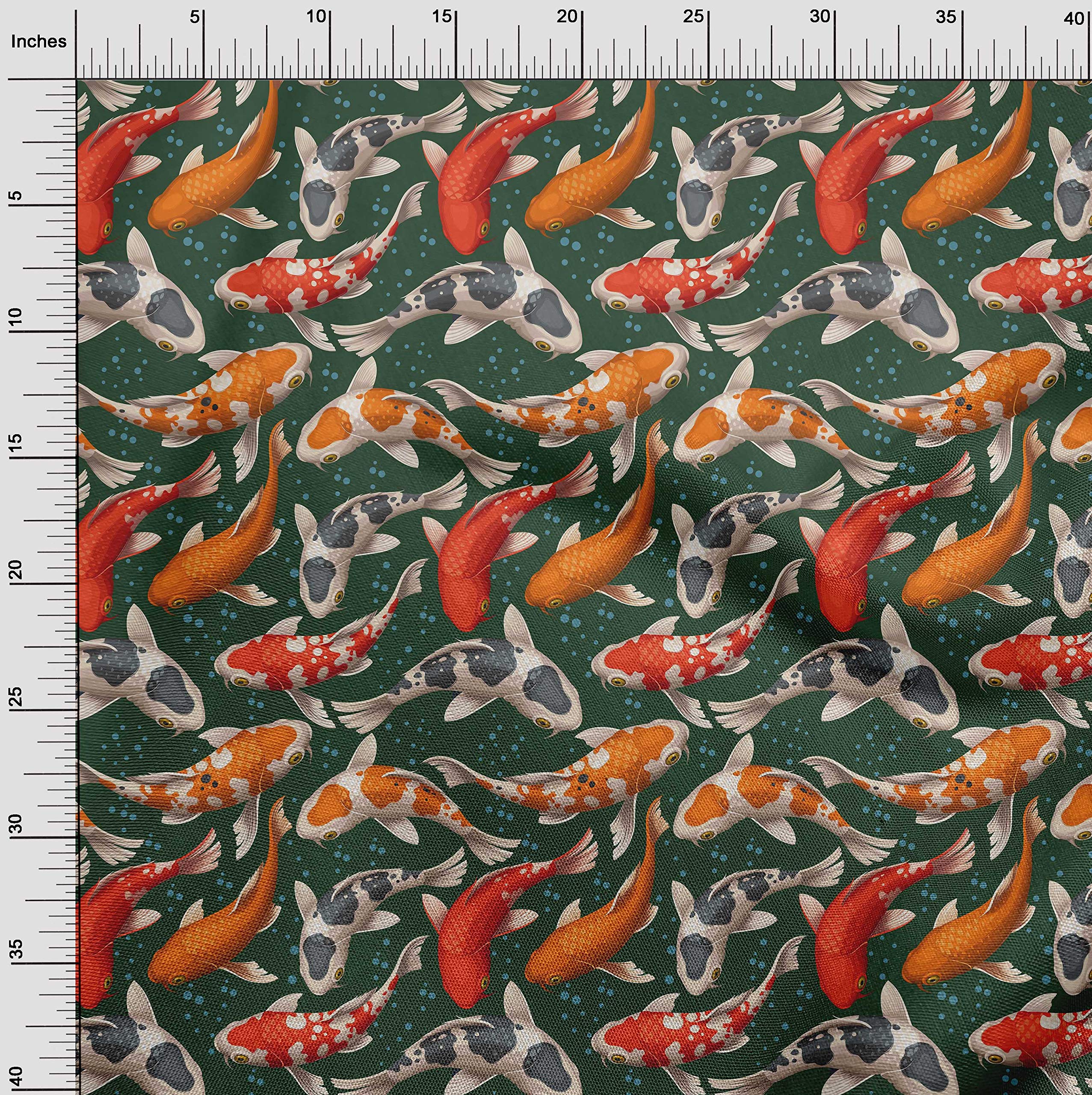 oneOone Cotton Poplin Dark Green Fabric - Bubbles & Koi Fish Ocean Print DIY Sewing Material (56