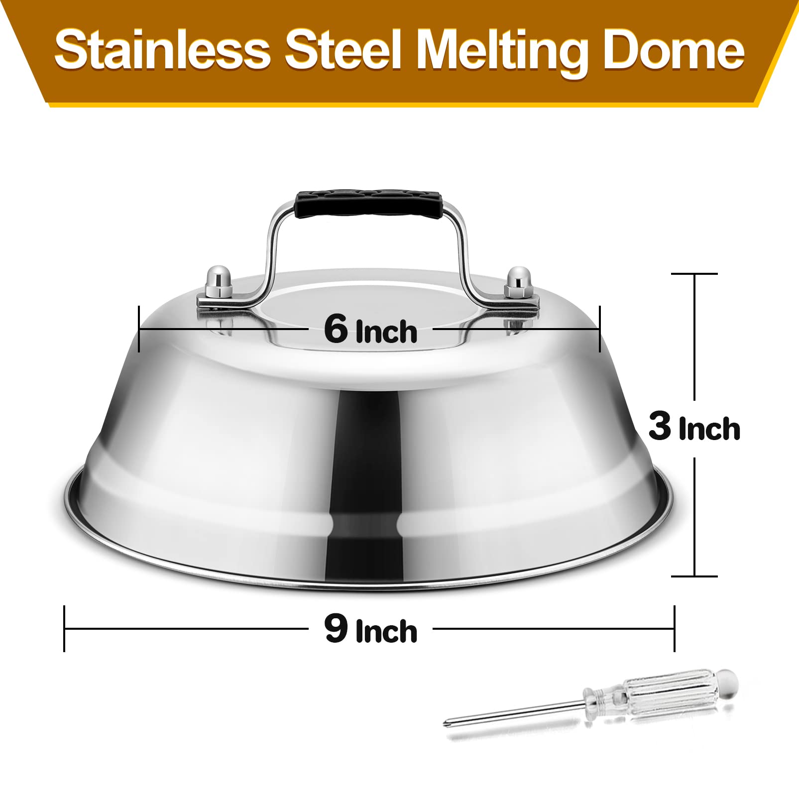 Joyfair 9-Inch Stainless Steel Cheese Melting Dome & BBQ Basting Cover - Heavy Duty Heatproof Lid for Grilling Steak, Melting Cheese, Steaming Vegetables - Perfect for Outdoor Cooking, Camping & Backyard BBQs (2-Pack)