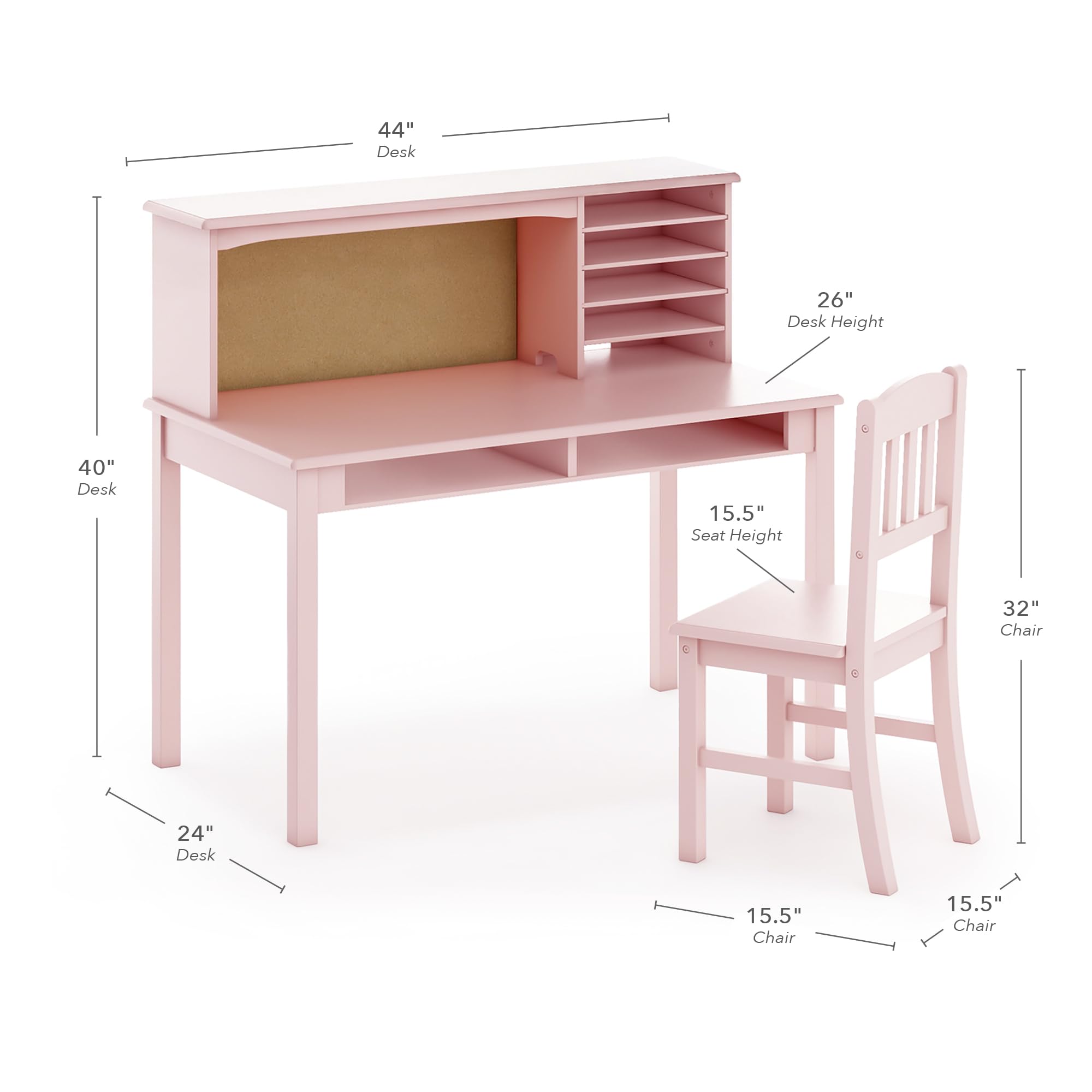 Guidecraft Kids Media Desk with Hutch and Chair Set - Pink | Wooden Study Desk with Storage Shelves & Corkboard | Girls Bedroom Furniture for Homework & Computer Use