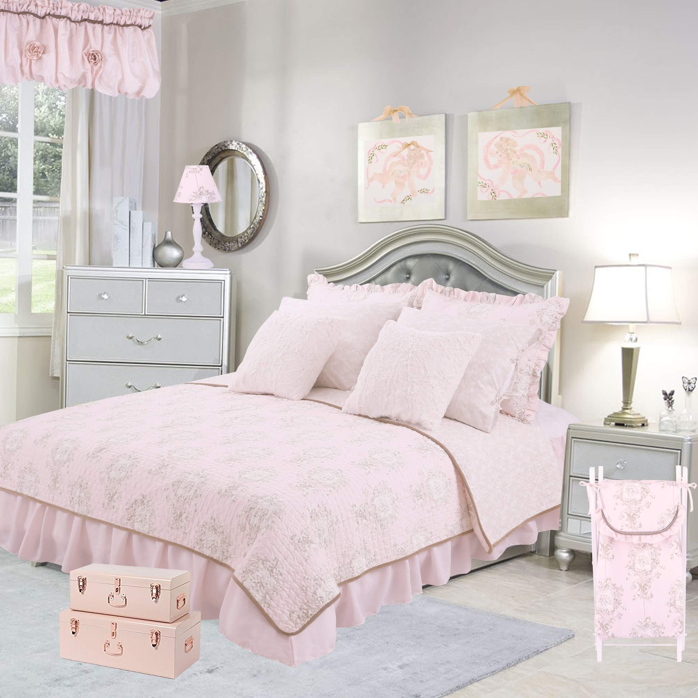 Pink Floral Reversible 3-Piece Queen Quilt Bedding Set - Soft Toile Pattern Comforter, Shams & Bed Skirt - Elegant Floral Design for Master Bedroom Decor