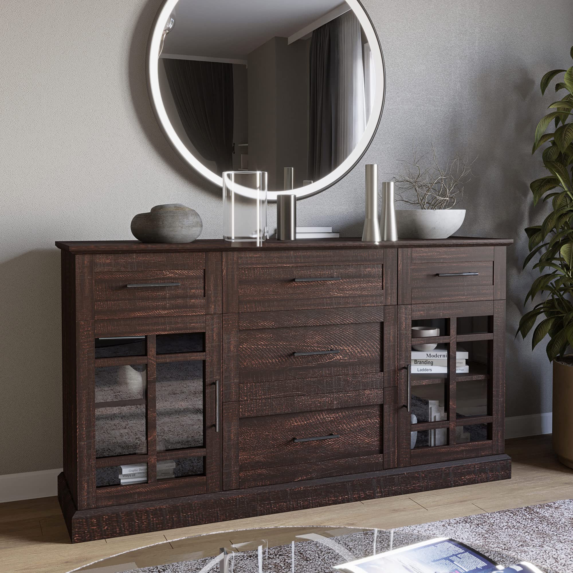 BELLEZE 58 Inch Sideboard Buffet Console Table with Drawers & Adjustable Shelves - Versatile Media Cabinet for Living Room, Dining Room or Entryway - Astorga Espresso Finish