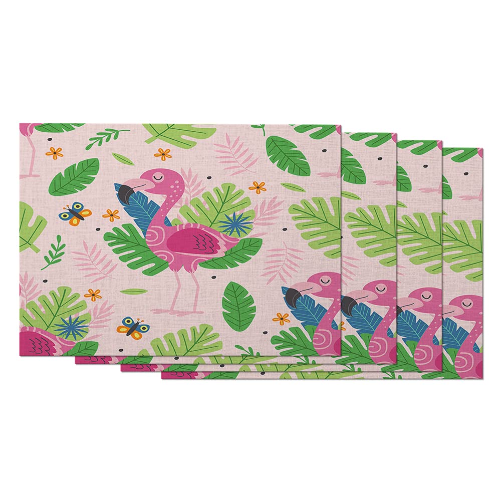 AOYEGO 4-Pack Pink Flamingo Placemats - 12x18 Inch Cute Cartoon Bird Table Mats for Dining, Cotton Linen Waterproof Table Decor - Perfect for Kitchen, Party, Picnic & Tropical Home Decor
