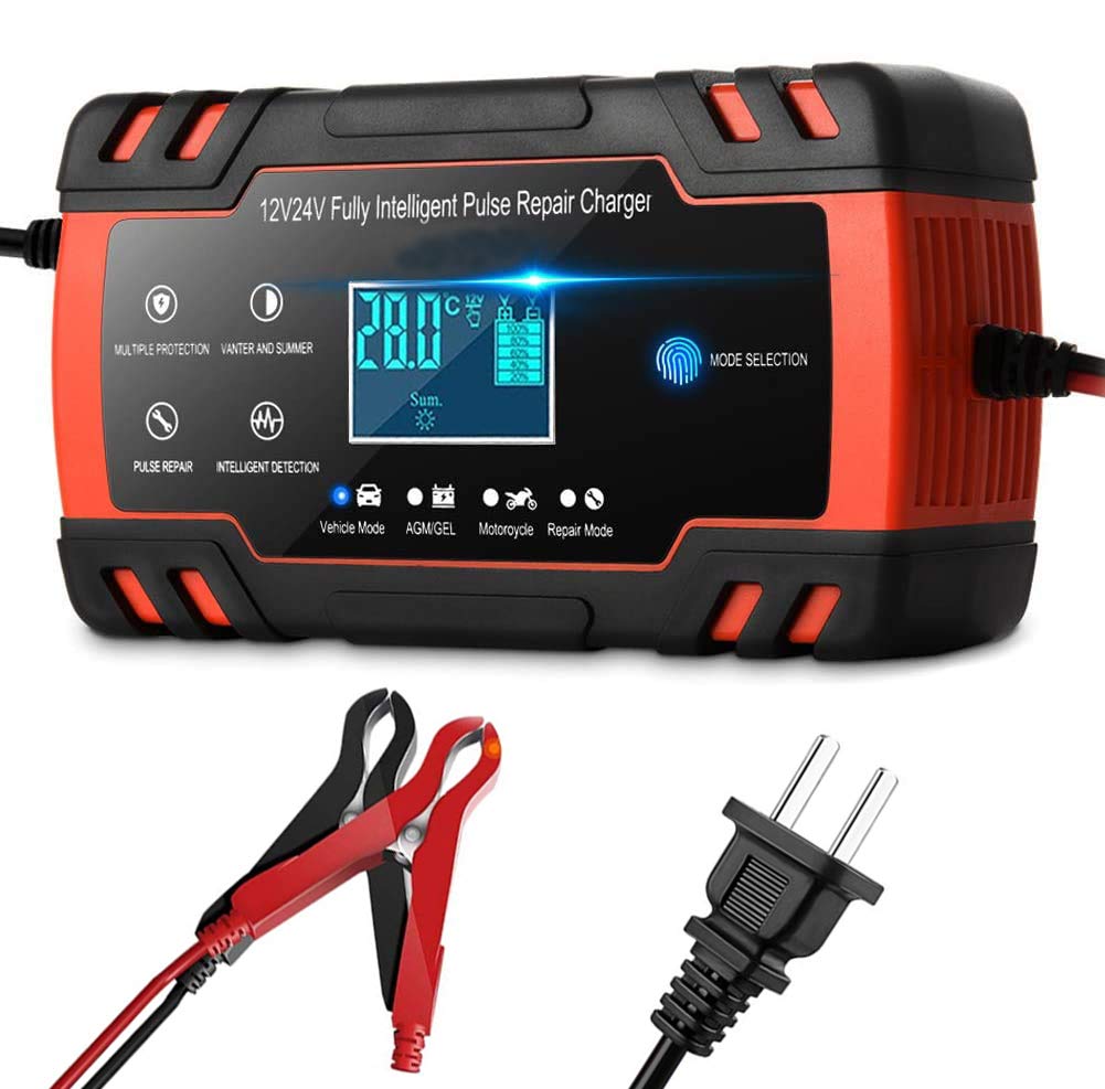 12V/8A 24V/4A Smart Car Battery Charger - Portable Automotive Battery Maintainer & Pulse Repair Charger for Cars, Motorcycles, Lawn Mowers, Boats - Ideal for Home Garage, Road Trips & Marine Use