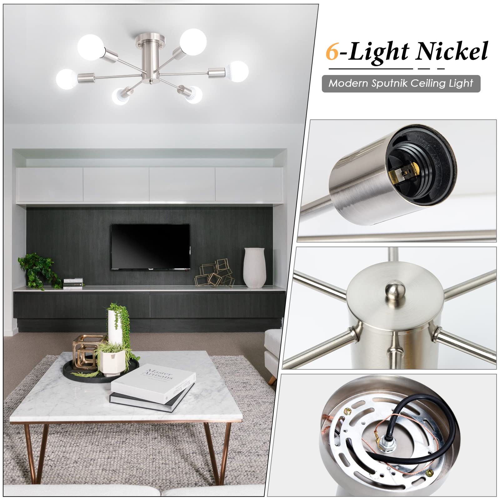Modern 6-Light Sputnik Chandelier Ceiling Fixture in Brushed Nickel - Semi Flush Mount Lighting for Kitchen, Bedroom, Dining Room & Hallway - Perfect for Contemporary Home Decor and Ambient Lighting
