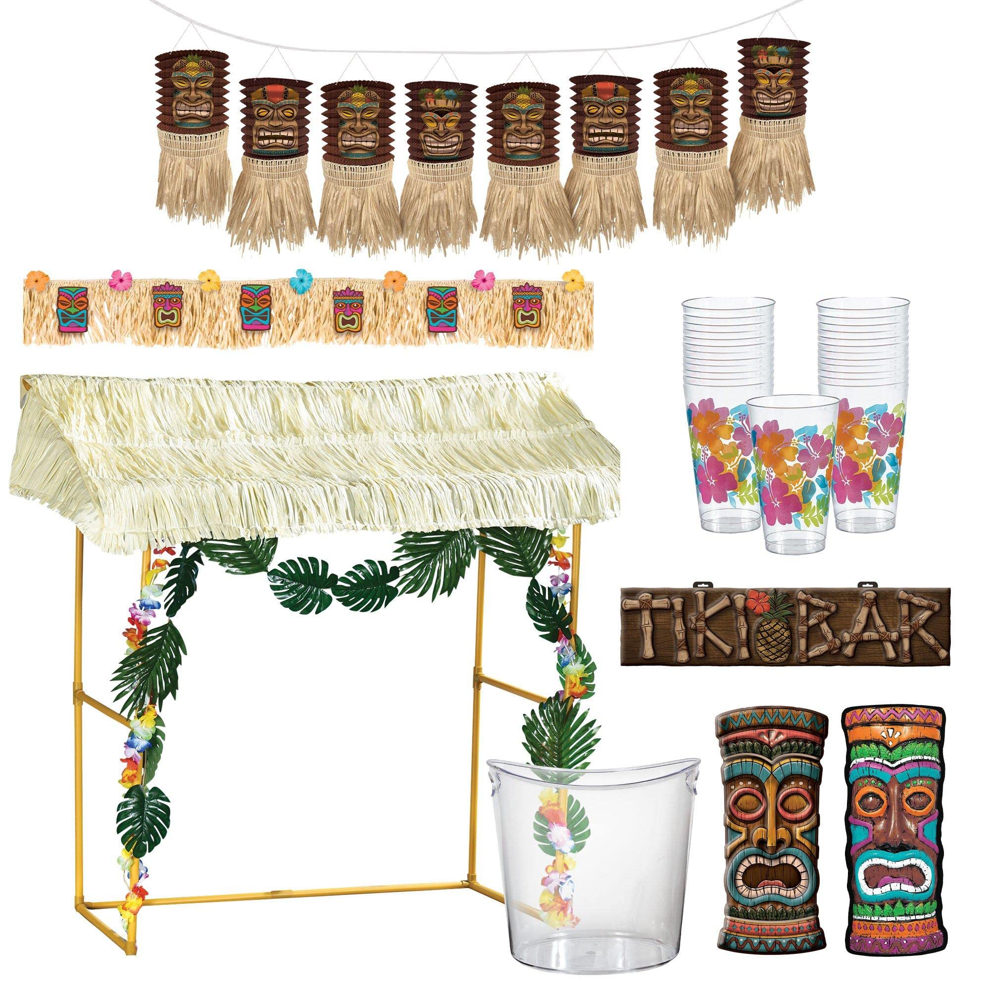 Tiki Bar Decorating Kit for Luau Party - Reusable Hut, Garlands, Lanterns & Yard Sign - Tropical Hawaiian Theme Party Supplies - Perfect for Backyard BBQ, Summer Pool Party & Themed Events