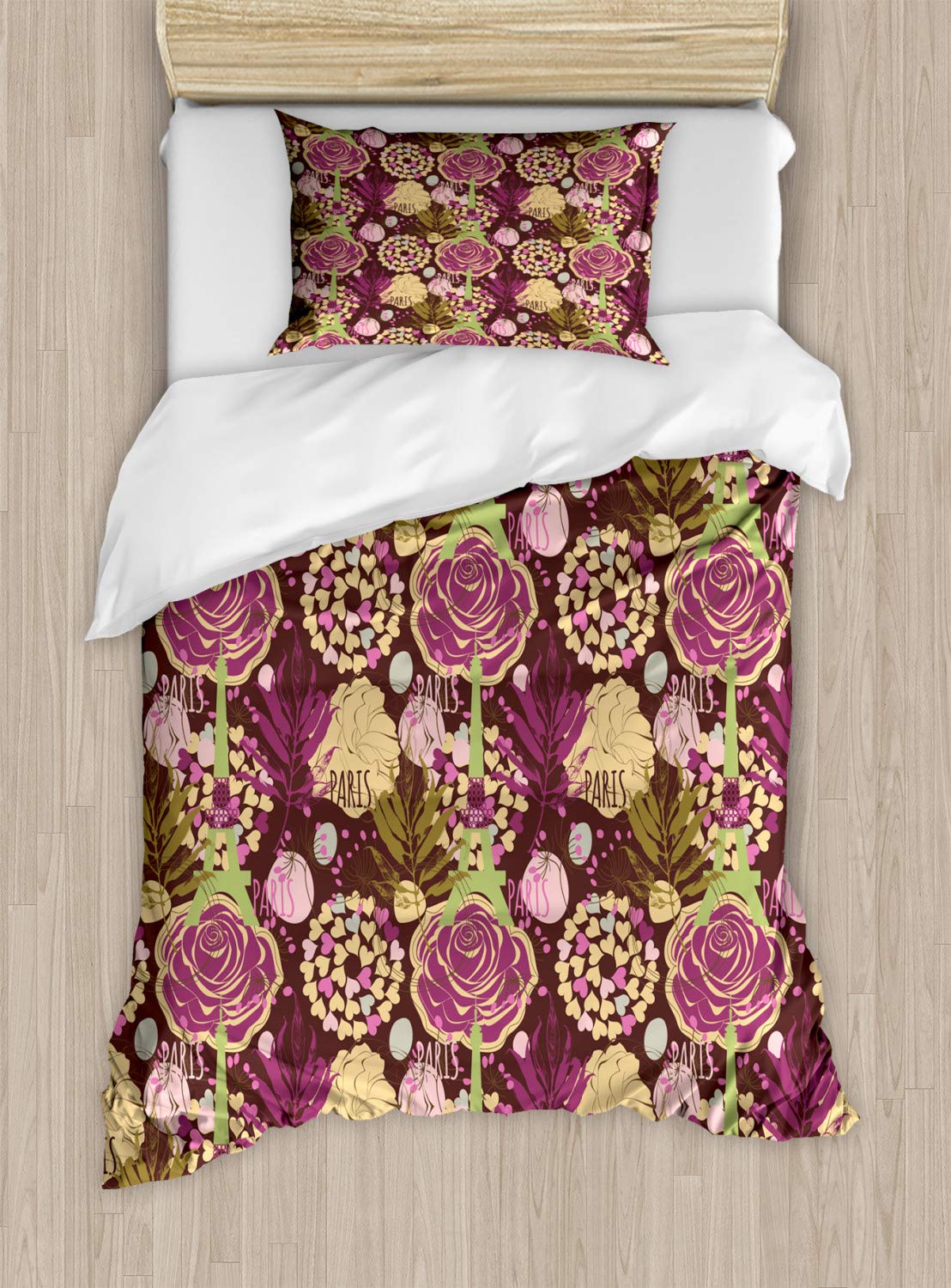 Ambesonne Modern Duvet Cover Set - Paris Eiffel Tower Leaves Design with Maroon Background, 2-Piece Bedding Set with Pillow Sham, Twin Size in Pale Green & Purple | Perfect for Teen Rooms, Guest Bedrooms & Paris-Themed Decor