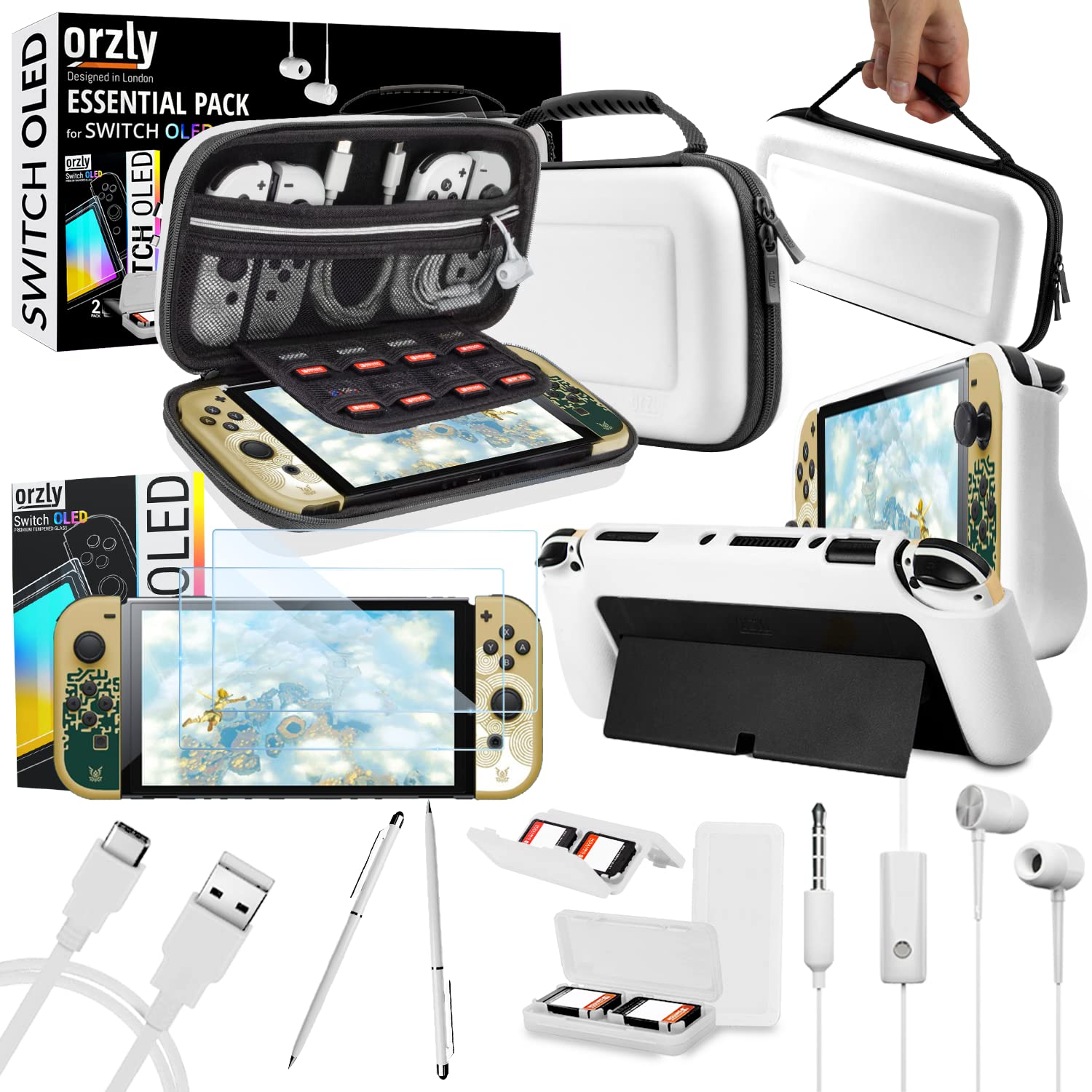 Orzly Nintendo Switch OLED Accessory Bundle Kit - Essential Pack with Case, Screen Protector, Comfort Grip Cover, Headphones, Charger Cable & Game Holder - Perfect for Travel, Gaming Parties & Home Entertainment (Gift Boxed OLED Edition)