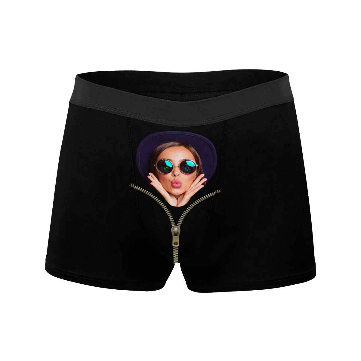 Custom Face Print Boxer Briefs - Funny Valentine's Gift for Men - Black Underwear with Girl Holding Face Design - Perfect for Gag Gifts, Couples, and Special Occasions