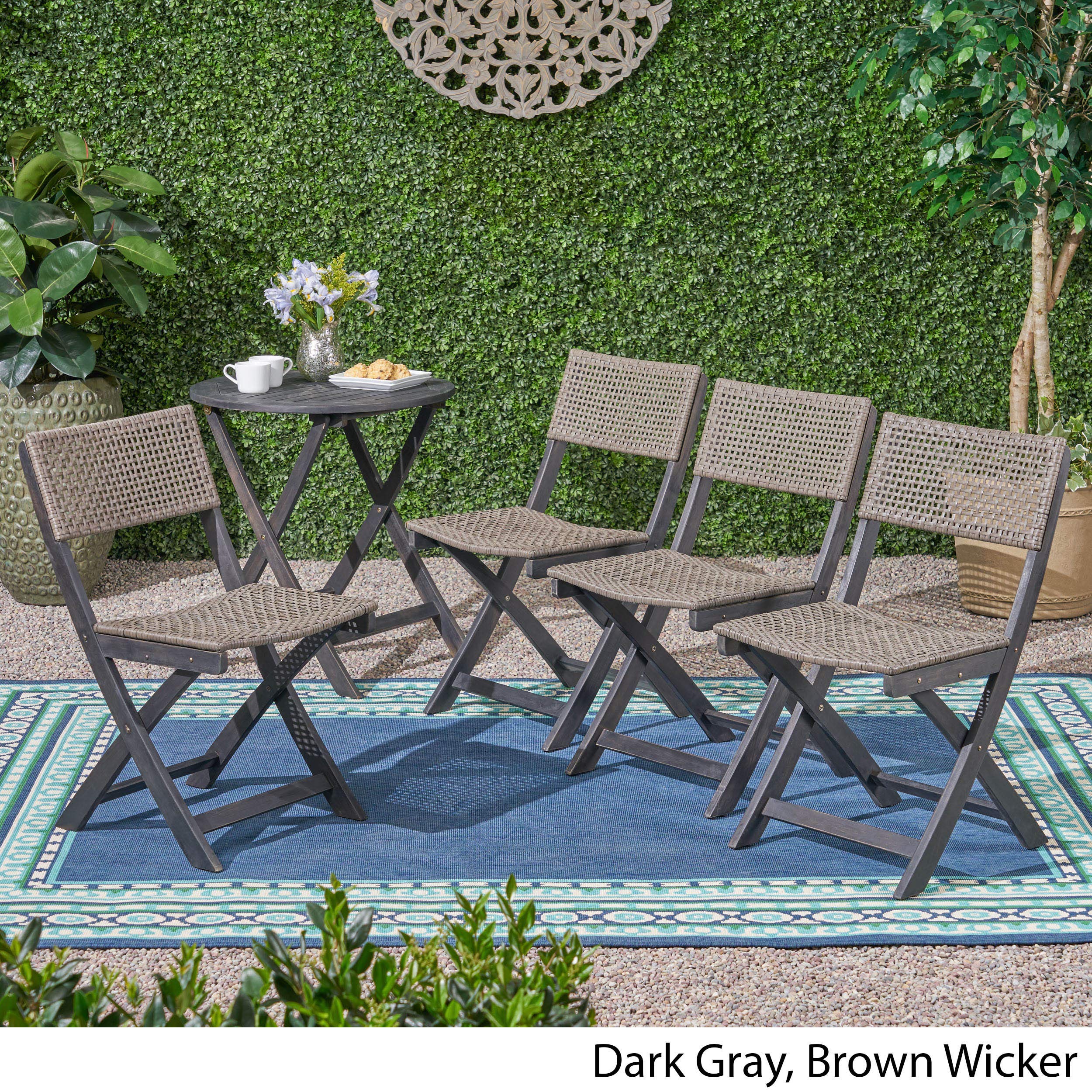 Premium Outdoor Acacia Wood Foldable Bistro Chairs with Wicker Seating (Set of 4) - Dark Gray Finish & Brown Wicker - Perfect for Patio, Garden, Cafe, and Restaurant Dining