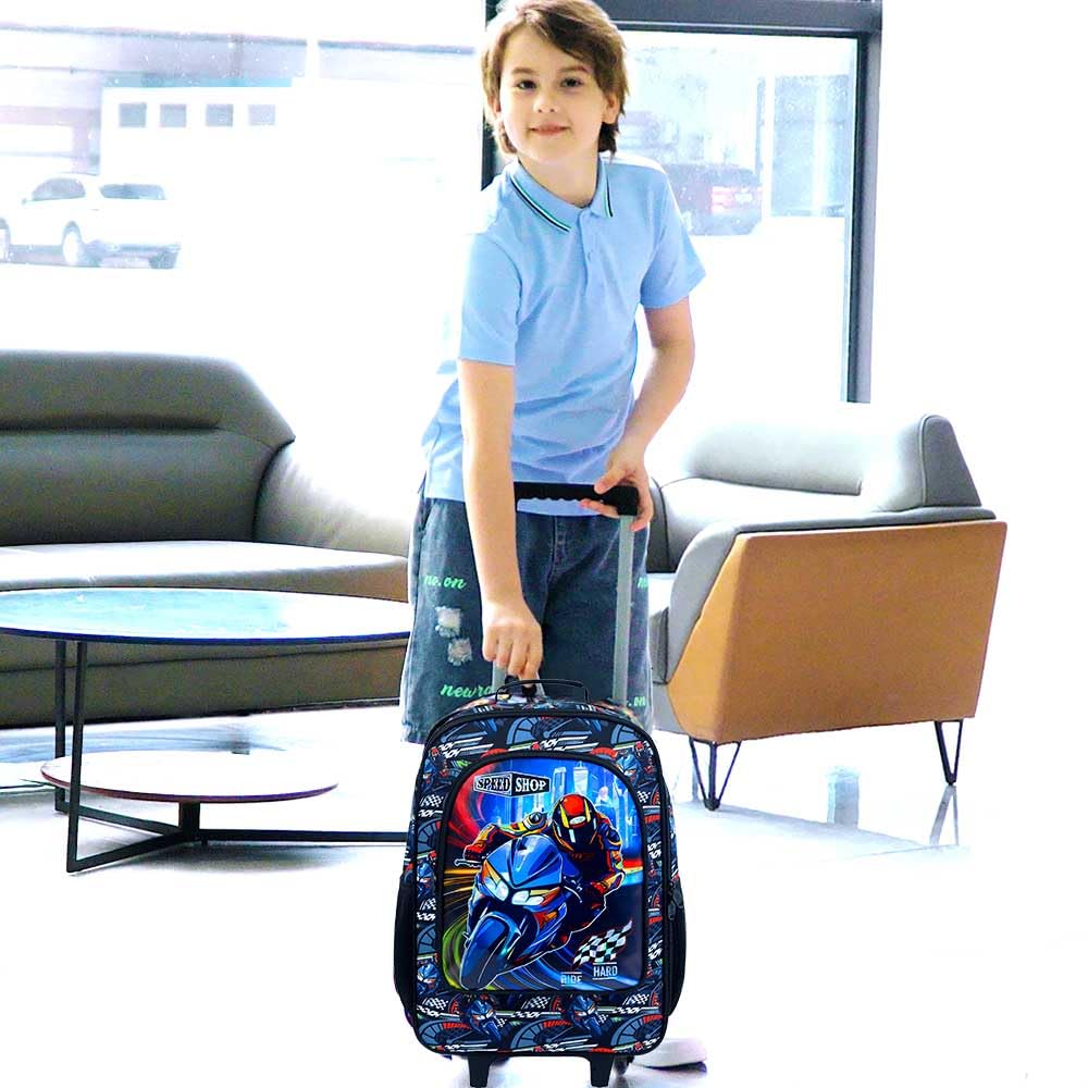 Boys Rolling Suitcase - Water Resistant Kids Luggage with Motorcycle Design for Travel, School & Preschool | Perfect for Airplane Carry-On, Weekend Trips & Daily Use