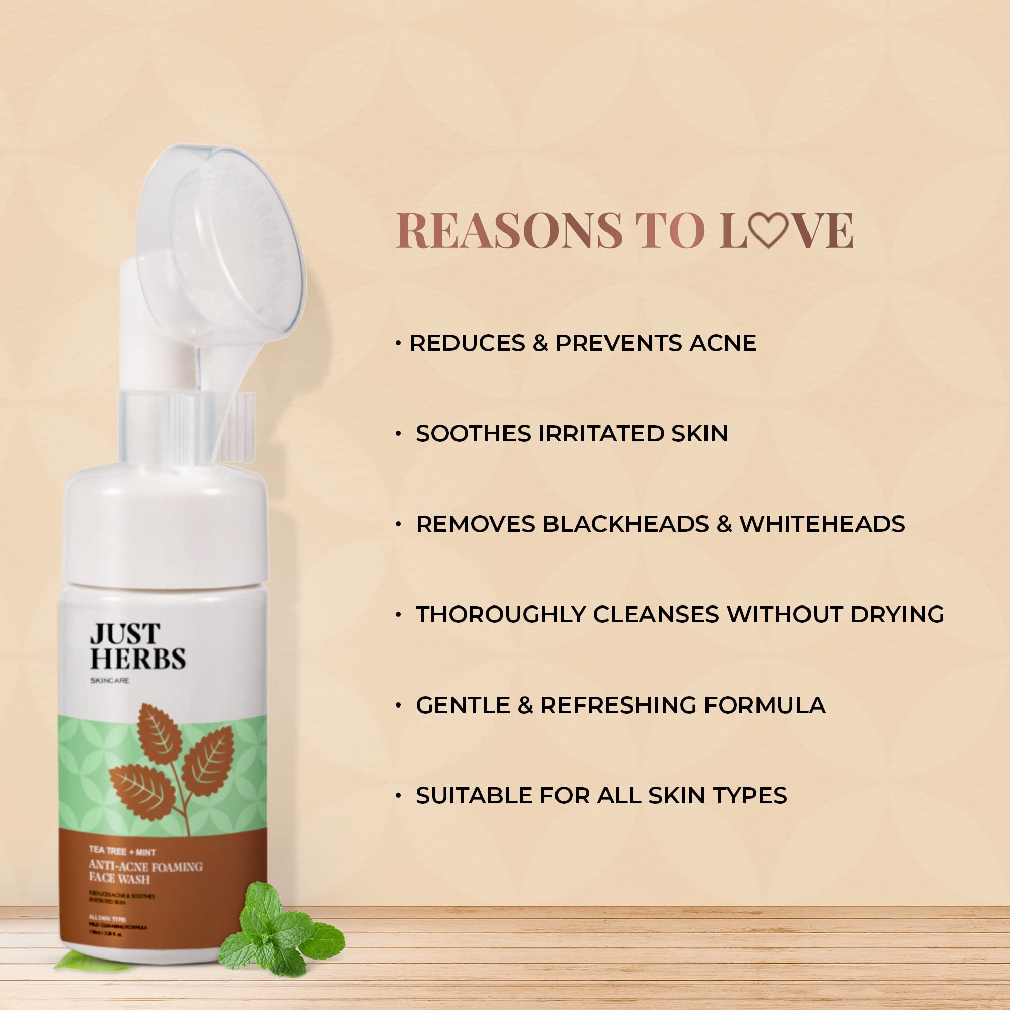 Just Herbs Anti Acne Foaming Face Wash for Men & Women - Tea Tree & Mint Oil Control, Glowing Skin Cleanser with Brush (100ml) - Perfect for Daily Skincare Routine & Acne-Prone Skin