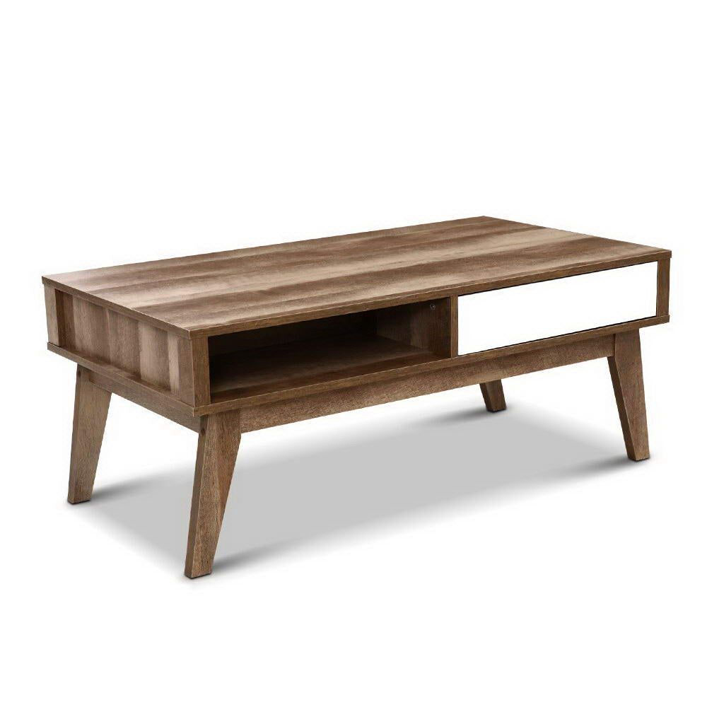 Modern Scandinavian White Wooden Coffee Table with 2 Storage Drawers & Open Shelf - Perfect for Living Room, Lounge & Small Space Decor