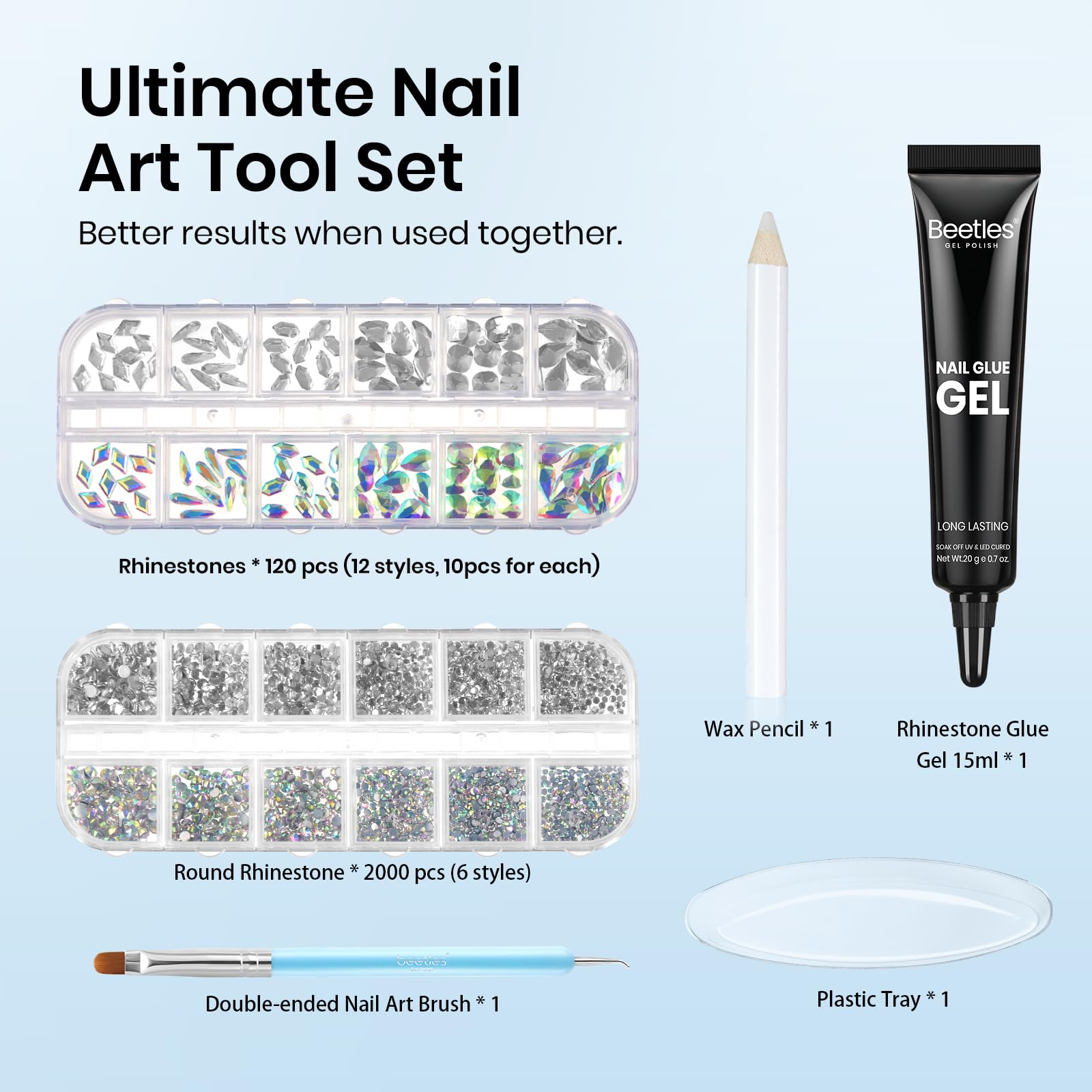 Beetles Gel Nail Glue & Rhinestones Kit - 15ml Nail Adhesive with 2000+ Crystal Glass AB Gems, Double-Ended Nail Brush - Perfect for Nail Art Designs, DIY Manicures & Gift Sets for Women