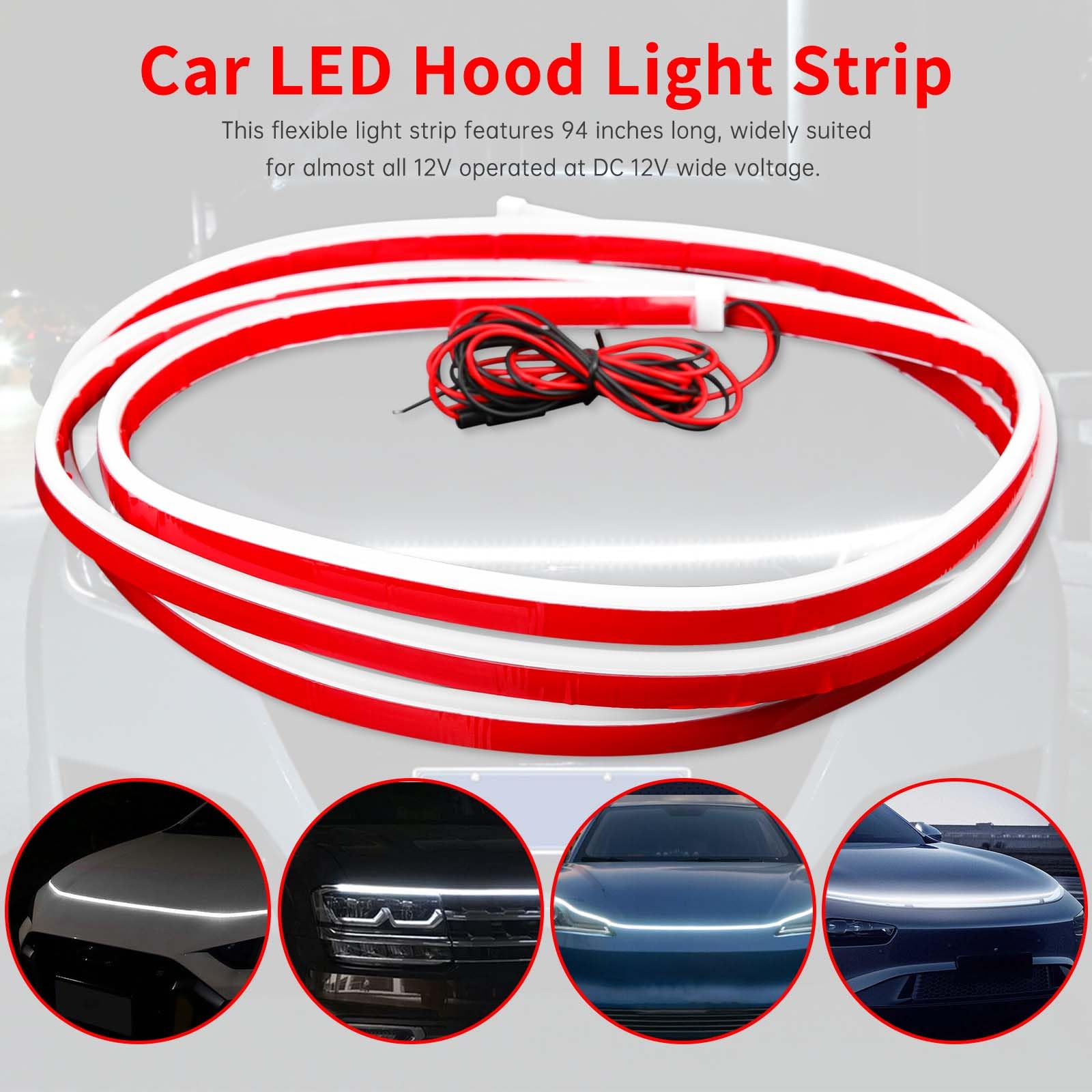94.5 Inch Universal Car Hood LED Light Strip - White Exterior Dynamic Daytime Running Lights, Flexible Waterproof Design with Fuse Protection for Cars, SUVs & Trucks | Perfect for Night Driving, Car Shows & Custom Vehicle Lighting