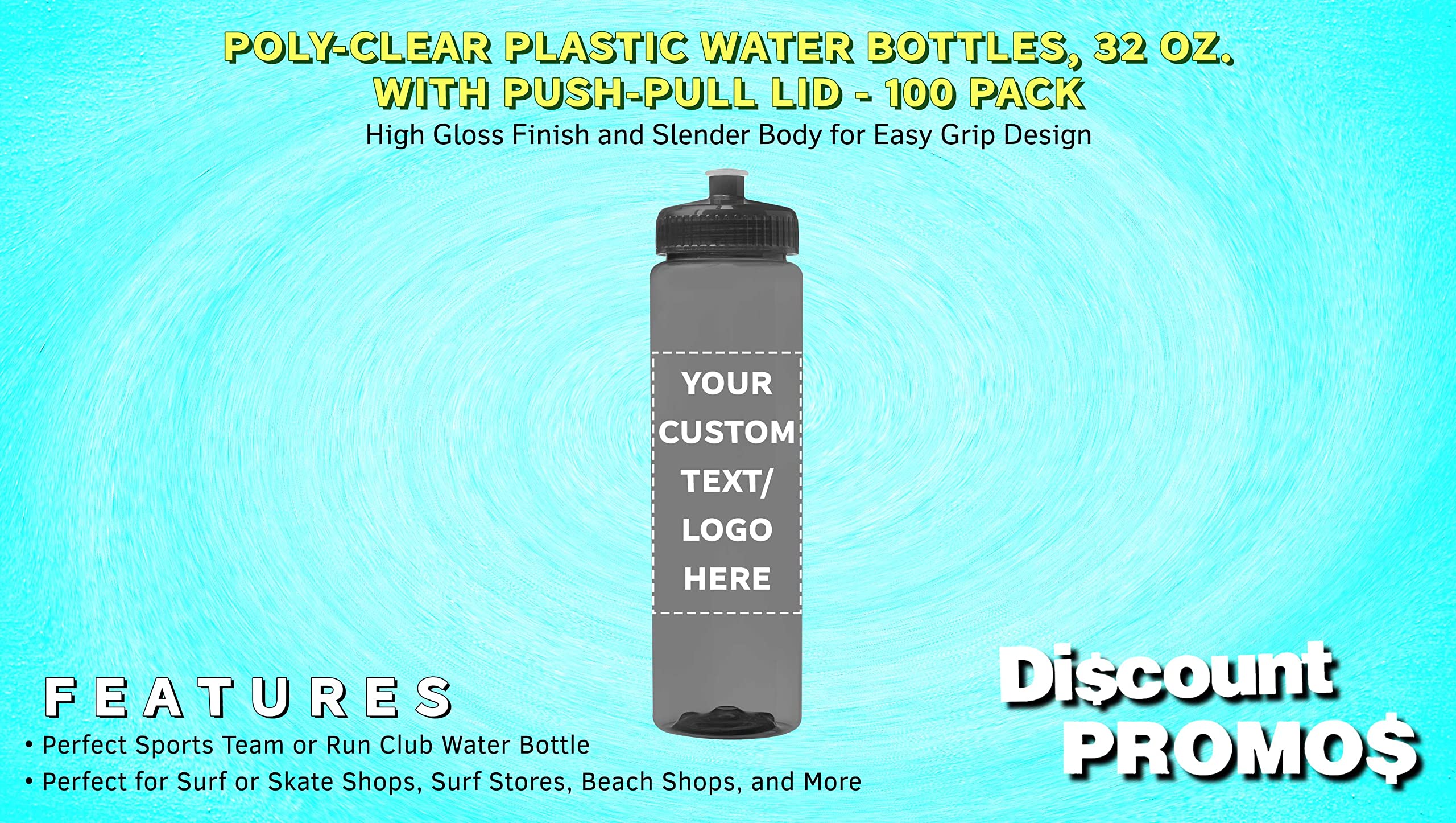 100 Pack 32oz Clear Plastic Water Bottles with Push-Pull Lids - Custom Text & Logo Printing - Durable, Leak-Proof, BPA-Free - Ideal for Sports, Gym, Office & Outdoor Activities - Transparent Smoke Color