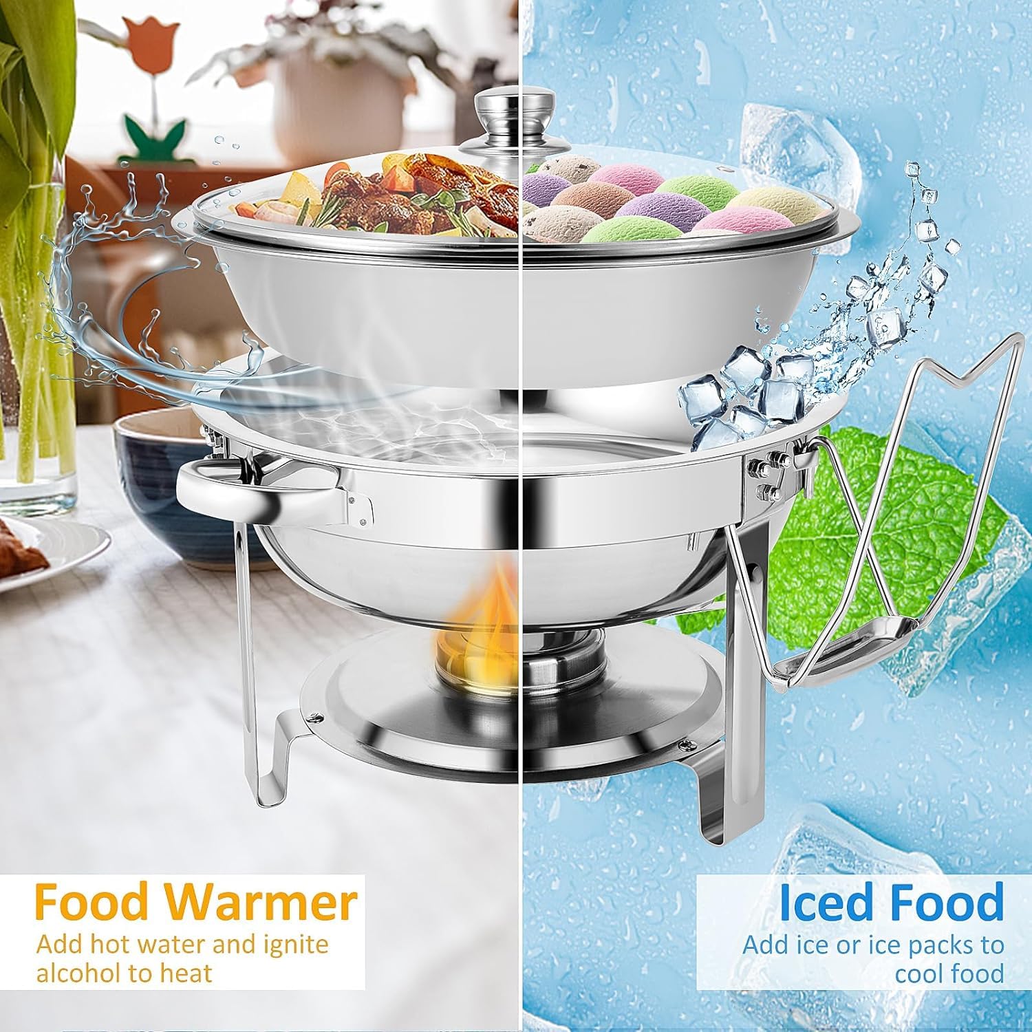 YORKING 4-Pack 4QT Round Chafing Dish Buffet Set with Glass Lid & Holder - Stainless Steel Food Warmer for Catering, Weddings, Parties & Buffets - Keep Food Warm at Events, Banquets & Holiday Dinners