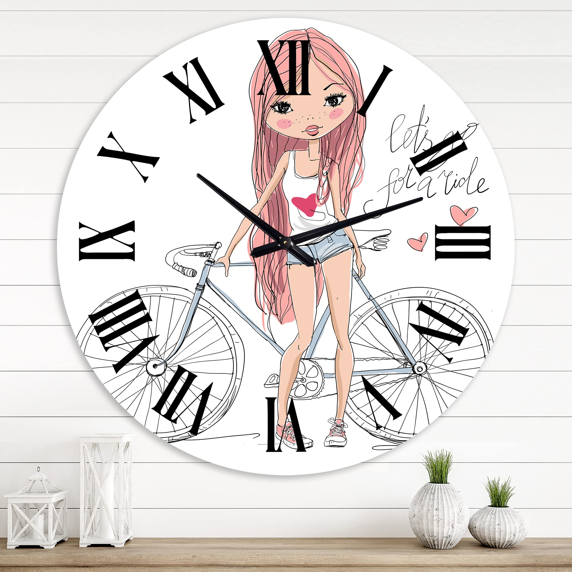 DesignQ Kids Wall Clock - 'Girl Riding Bicycle' Large Silent Non-Ticking Wall Clock for Children's Room, Nursery, Playroom & Classroom Decor | Perfect Gift for Girls Birthday