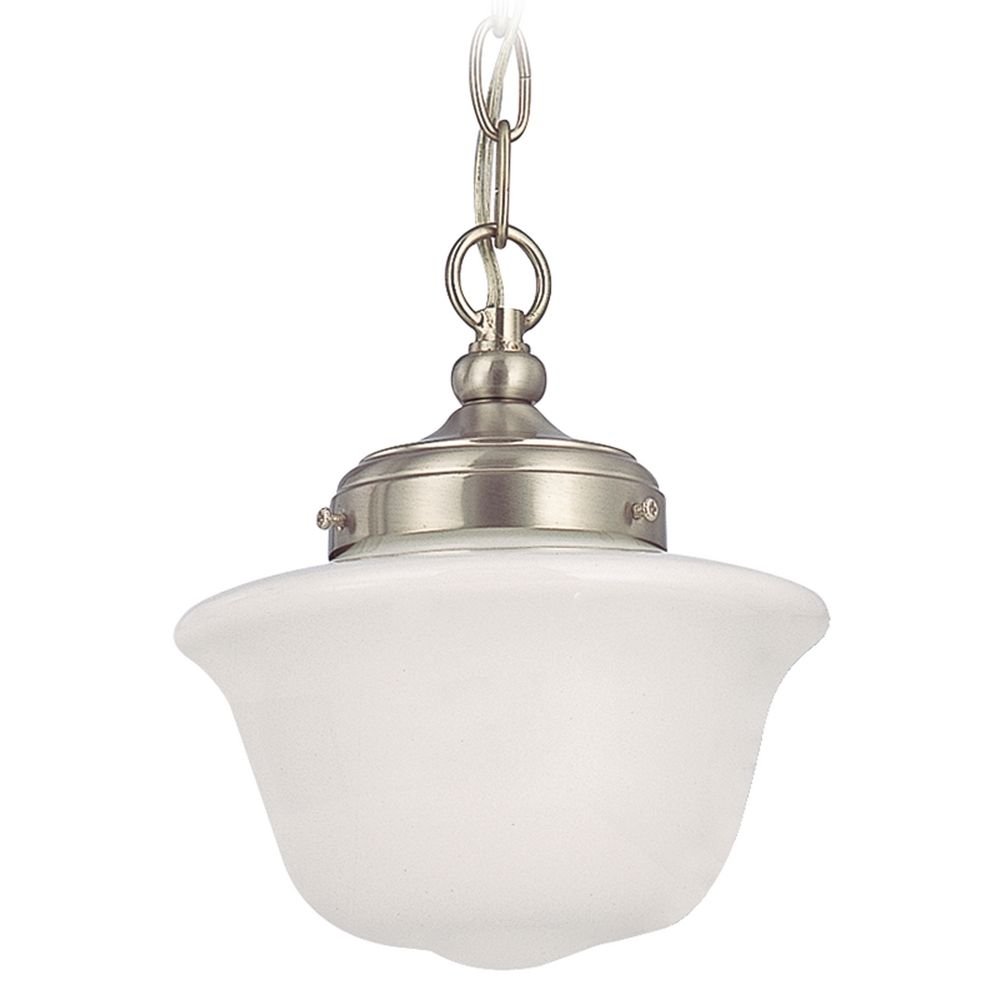 8 Inch Hanging Schoolhouse Mini Pendant Light with Chain - Satin Nickel Finish & Milk Glass Shade | Vintage Style Ceiling Light for Kitchen, Dining Room, Bedroom, or Office Decor