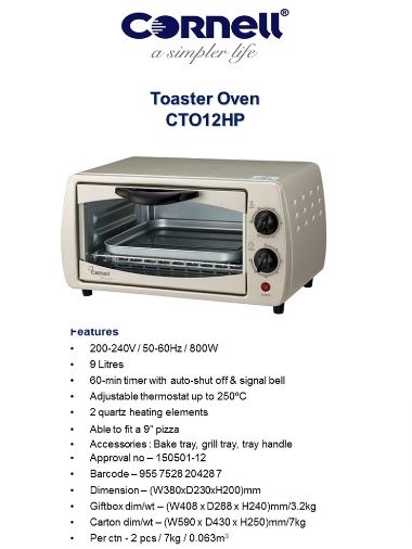 Cornell 9L Toaster Oven CTO12HP - Countertop Convection Oven with Bake, Broil & Toast Functions | Perfect for Small Kitchens, Dorms & Apartments | Compact & Energy Efficient for Daily Cooking Needs