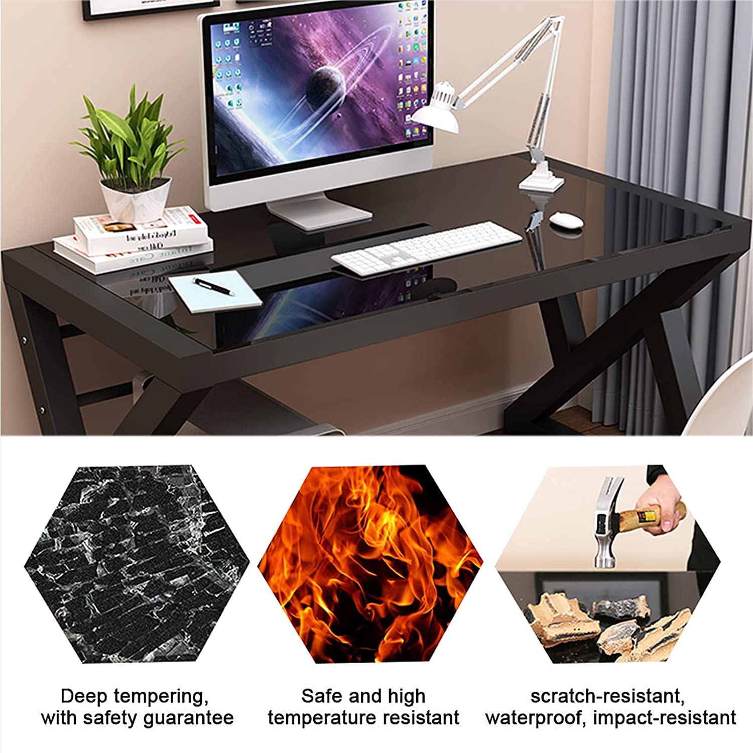 SAMERY 55.1 Inch Modern Black Glass Computer Desk - Home Office, Study, Gaming & Writing Table with Fashion Strength Tempered Glass for Laptop & Office Use