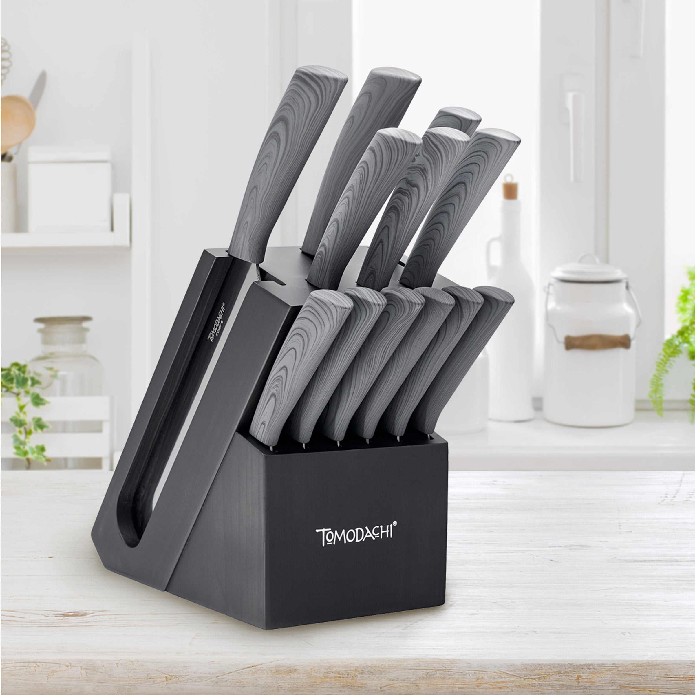 Premium Raintree Ash 13-Piece Cutlery Block Set - Knife Set with Wooden Holder for Kitchen, Dining & Entertaining