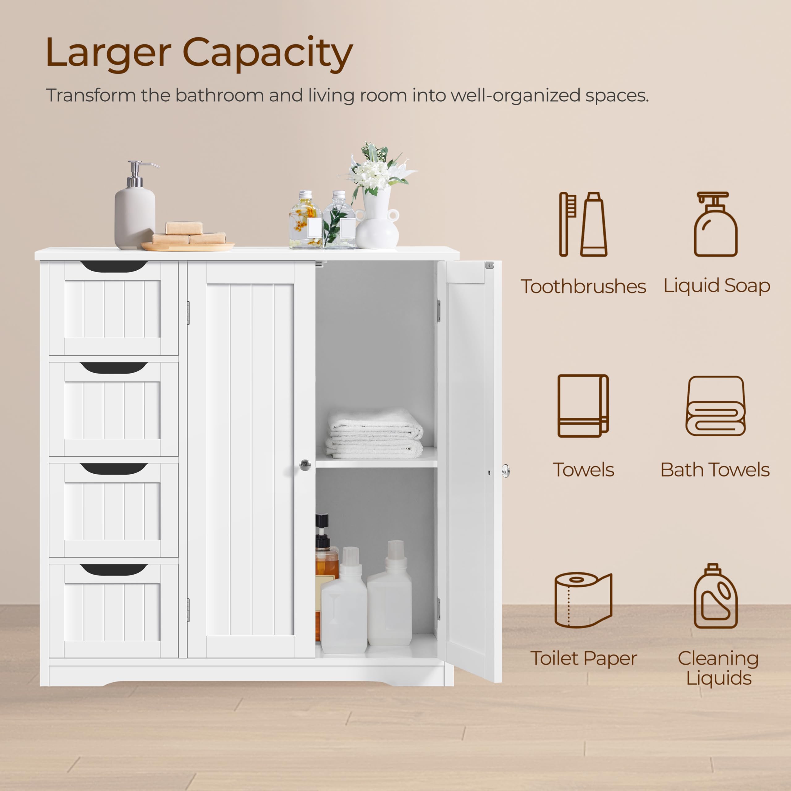 Yaheetech White Wooden Bathroom Storage Cabinet with 4 Drawers & Double Doors - Freestanding Entryway Organizer, Bathroom Furniture & Home Decor - Perfect for Bathroom Organization, Bedroom Storage, and Entryway Console Table
