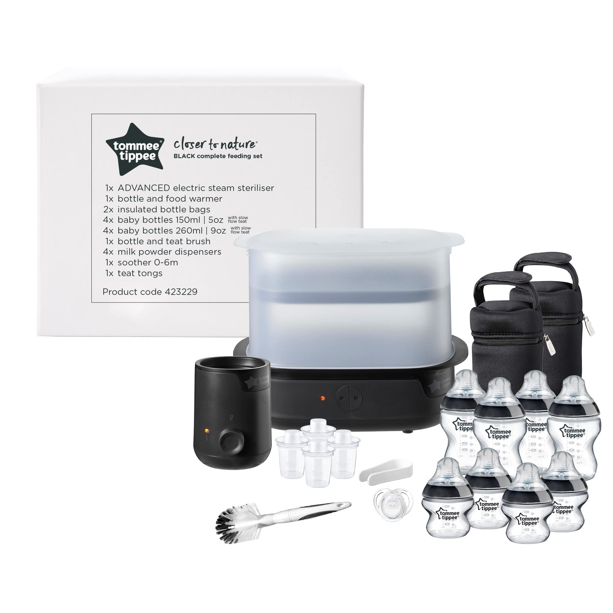 Tomee Baby Bottle Sterilizer and Warmer with 8 Bottles - Complete Feeding Set in Black - Perfect for Newborns, Travel & Daycare Use
