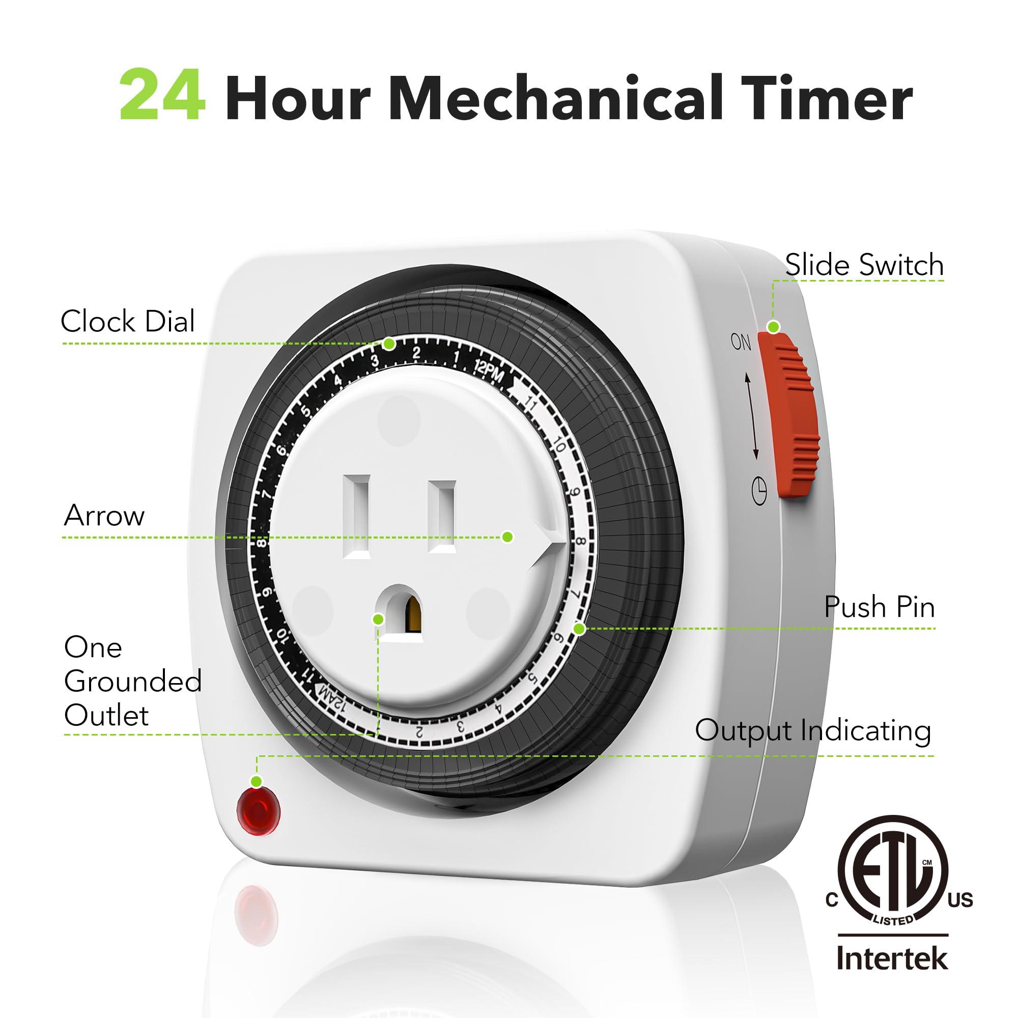 BN-LINK 24-Hour Heavy Duty Mechanical Timer Plug - 15 Minute Intervals, 3-Prong Outlet for Aquariums, Grow Lights & Hydroponics | Indoor Lighting Control for Plants, Fish Tanks & Home Appliances | ETL Certified (1-Pack)
