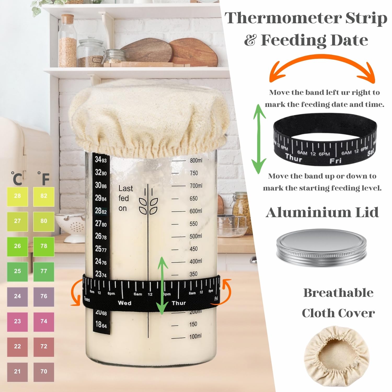 Organic Sourdough Starter Kit - 34oz Large Glass Jar, Thermometer, Dough Whisk & Bread Lame - Complete Bread Baking Supplies for Beginners to Experts - Perfect for Homemade Artisan Bread, Pizza Dough & Pastries