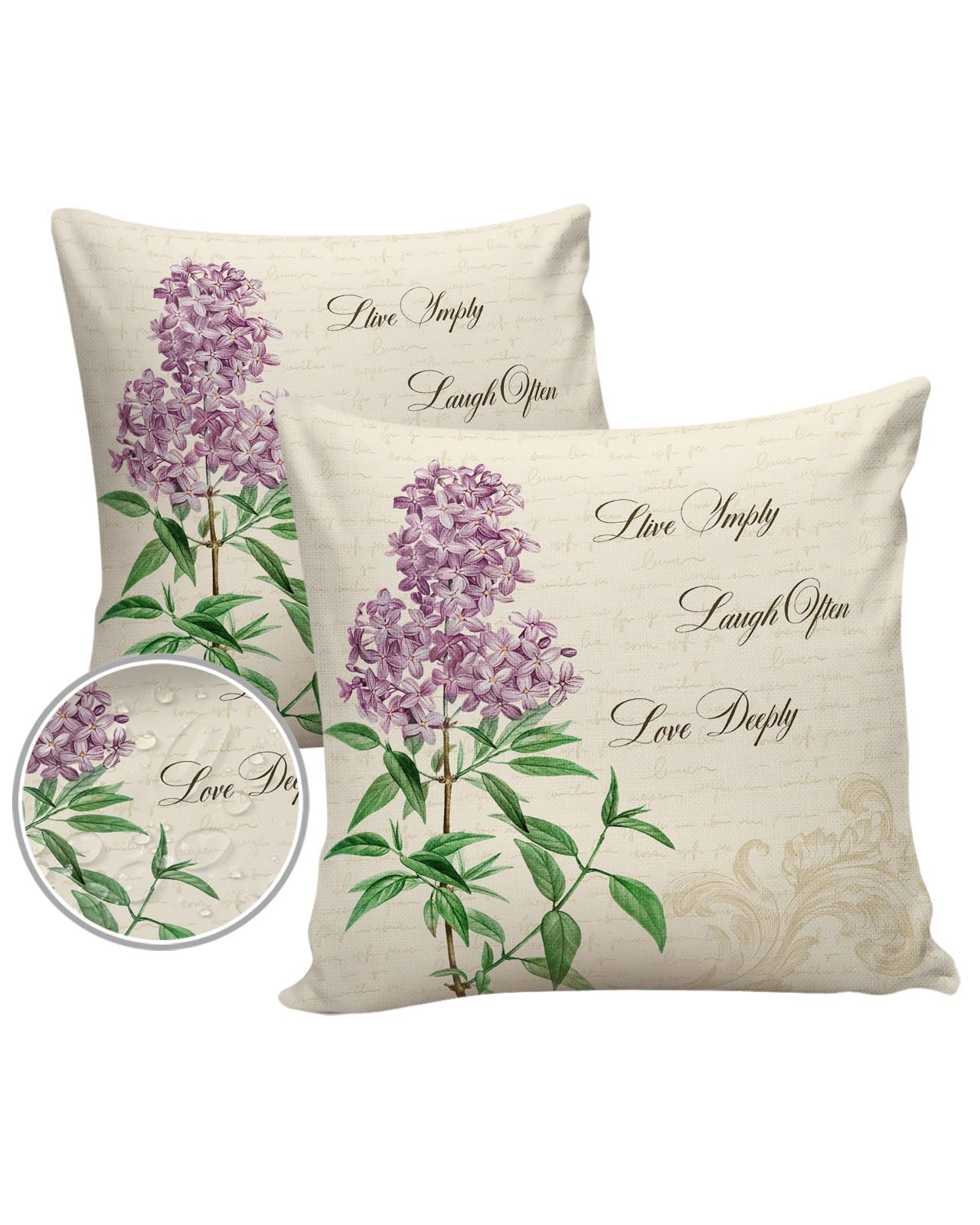 Waterproof Outdoor Pillow Covers - Square Decorative Garden Cushion Cases with Hyacinth Flowers & Inspirational Quotes - Perfect for Patio Sofa, Porch, Beach Vacation & Outdoor Decor - Retro Letter Design