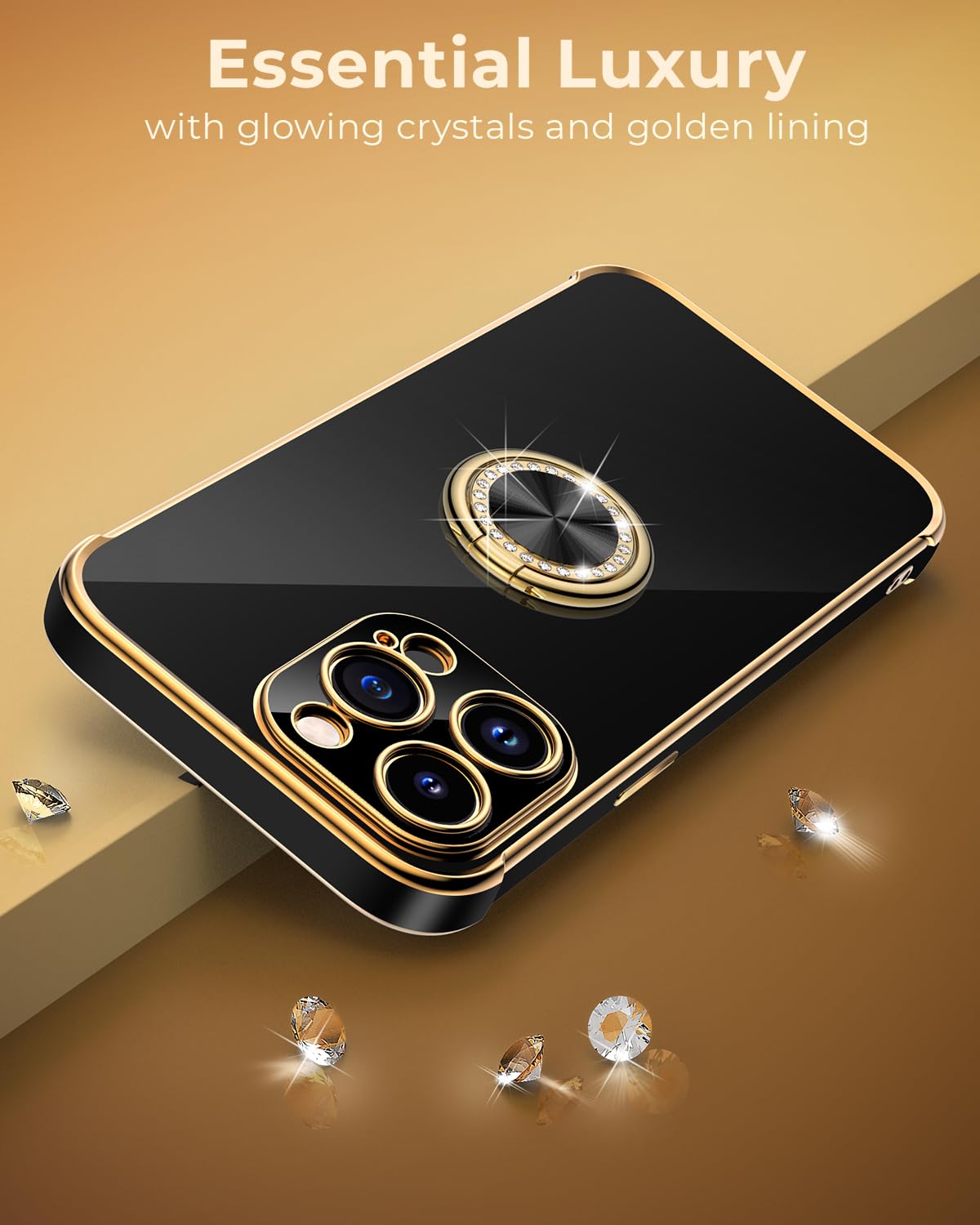 Premium Luxury Electroplated iPhone 15 Pro Case with Ring Holder Stand & Lanyard - Soft TPU Shockproof Protective Cover for Women & Girls (Black) | Perfect for Work, Travel, and Everyday Use