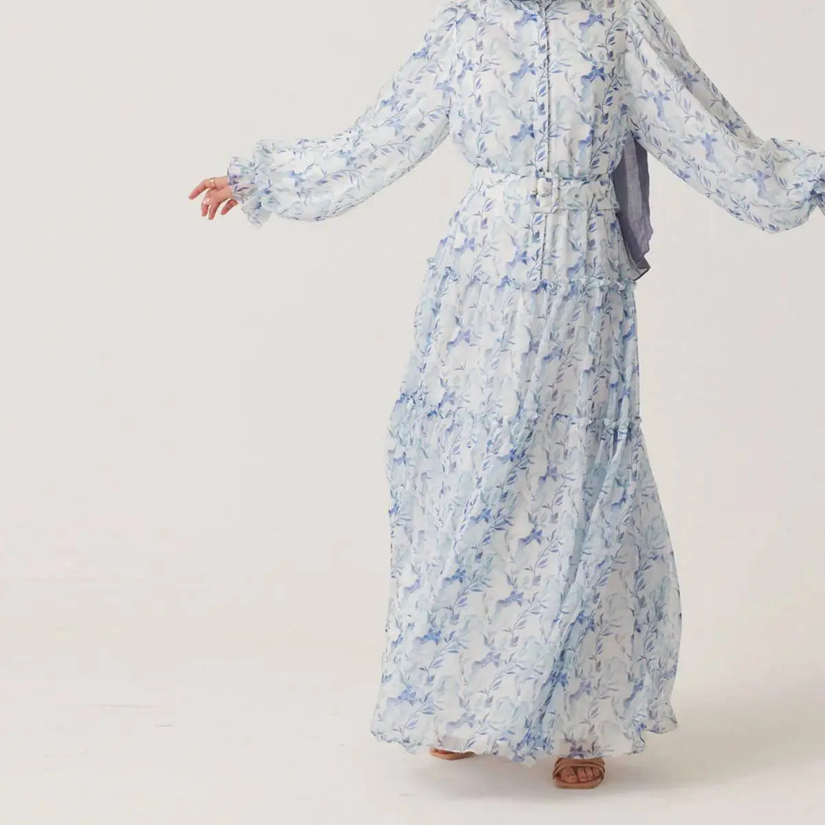 Elegant Muslim Women's Chiffon Printed Abaya Dress - Modest Islamic Prayer Dress for Eid, Ramadan & Special Occasions
