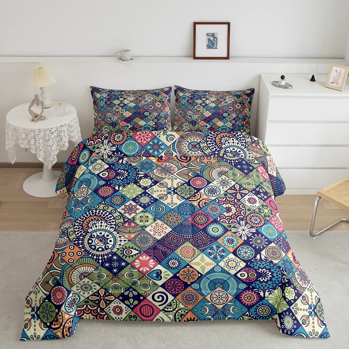 Feelyou Bohemian Queen Size Bedding Set - Waterproof Boho Geometric Comforter with Vintage Floral Design, Blue Bedspread for Girls & Women | Perfect for Boho Chic Bedrooms, Guest Rooms & Dorm Decor