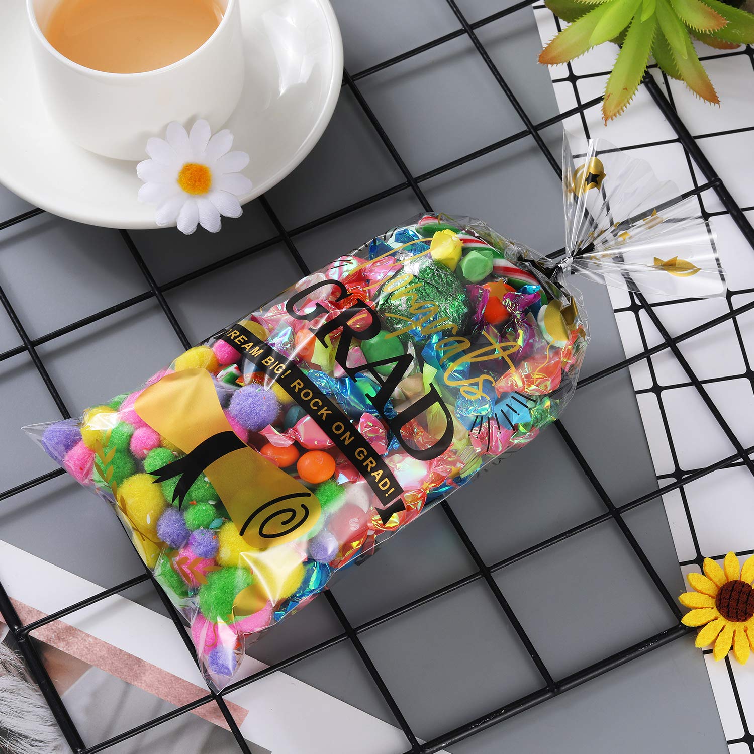 Boao 150-Piece 2024 Graduation Cello Treat Bags with 200 Twist Ties - Elegant Party Favors for Graduation Decorations, Gifts & Candy Packaging (Fresh Style) - Perfect for School Celebrations, Class Parties & Commencement Events