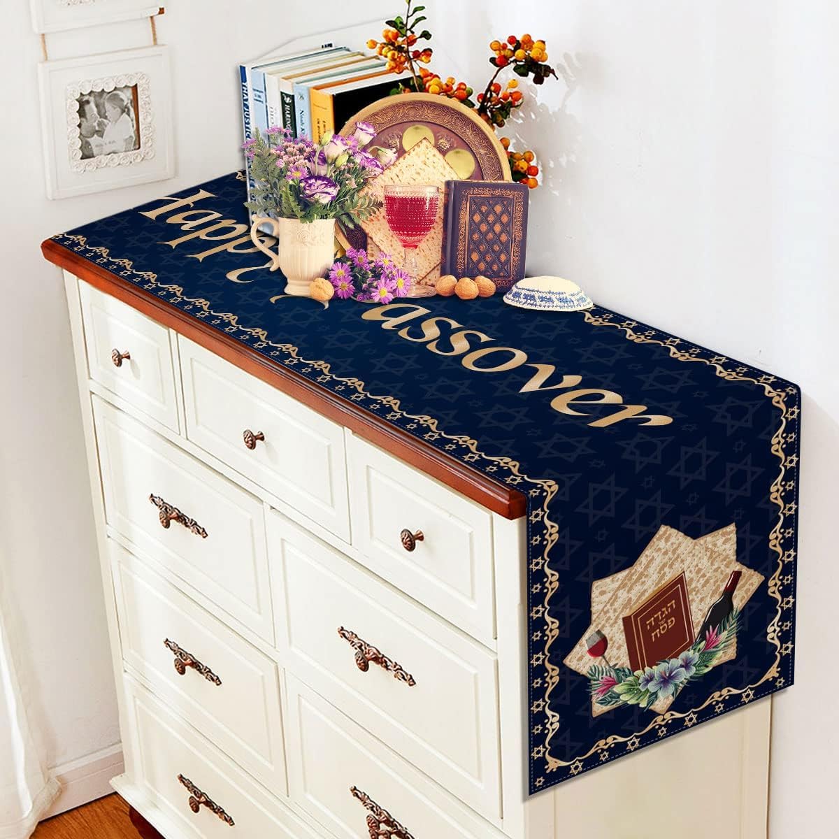 Happy Passover Pesach Star of David 13 x 90 Inch Table Runner for Jewish Festival, Holiday Party, and Home Kitchen Dining Room Decor