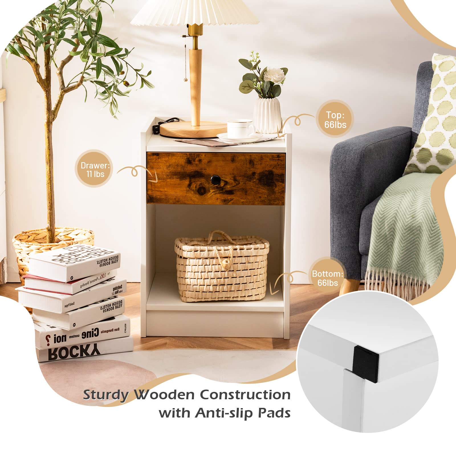 Giantex Nightstand Set of 2 - White Wooden Bedside Tables with Storage Drawer & Open Shelf, 17x16x24 Inches, Farmhouse Style Bedroom Furniture - Perfect for Bedrooms, Guest Rooms & Dorm Rooms