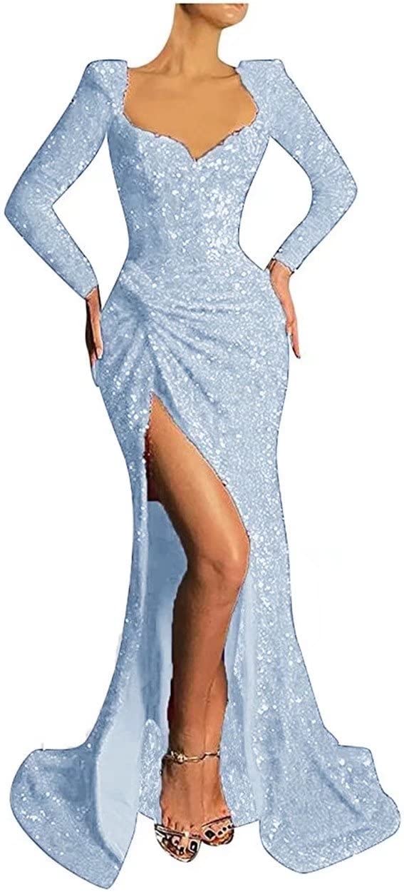 Sparkly Sequin Long Sleeve Mermaid Prom Dress with High Slit - Elegant Formal Evening Gown for Homecoming, Pageant & Special Occasions