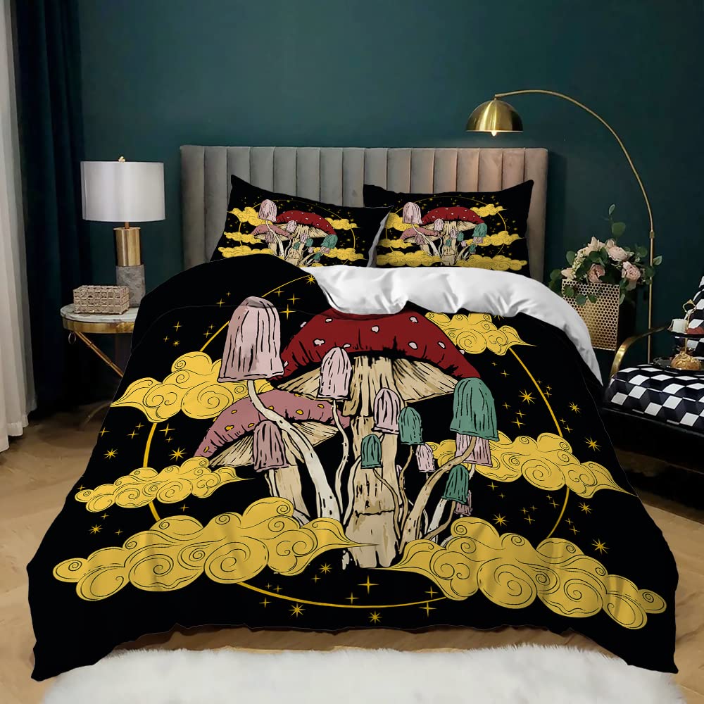 Mushroom Duvet Cover Set for Kids - Queen Size 3-Piece with Pillowcases - Cozy Cartoon Bedding for Nursery