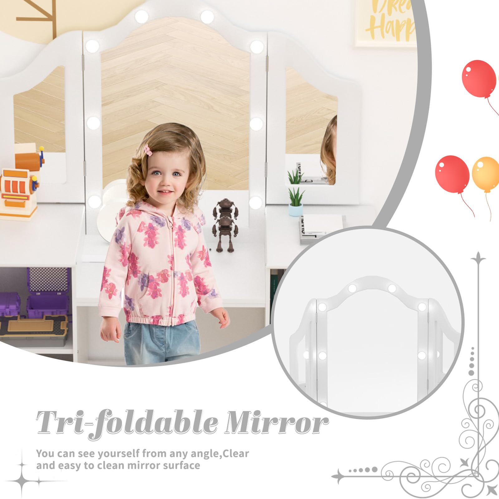 XJD Kids Vanity Set with Mirror, Stool & LED Lights - 2-in-1 Wooden Princess Makeup Desk & Storage Cabinet for Girls (White) - Perfect for Bedroom Decor, Birthday Gifts & Pretend Play