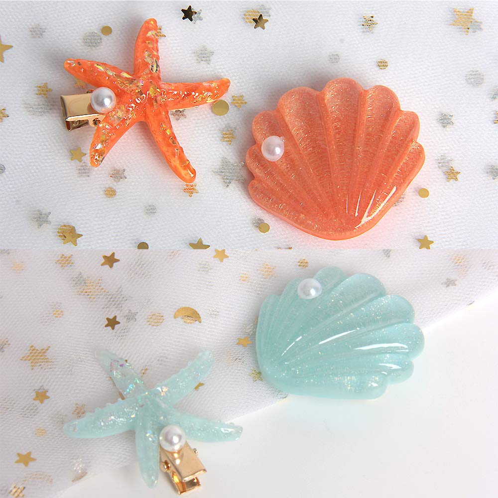4 Packs Shell Pearl Starfish Hair Clips Set - Fashion Sweet Beach Hair Accessories for Women, Acrylic Resin Alligator Clips with Faux Pearl Inlay - Perfect for Summer Vacations, Beach Weddings & Boho Styling