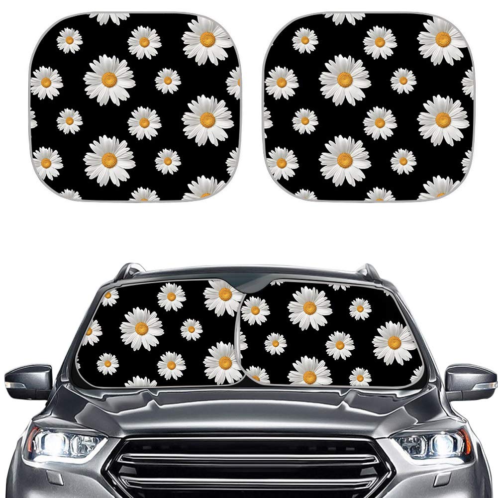 Belidome White Daisy Flowers Design Black Car Sunshade - UV Protection Sun Visor Protector for Windshield | Perfect for Summer Driving, Road Trips & Parking in Direct Sunlight