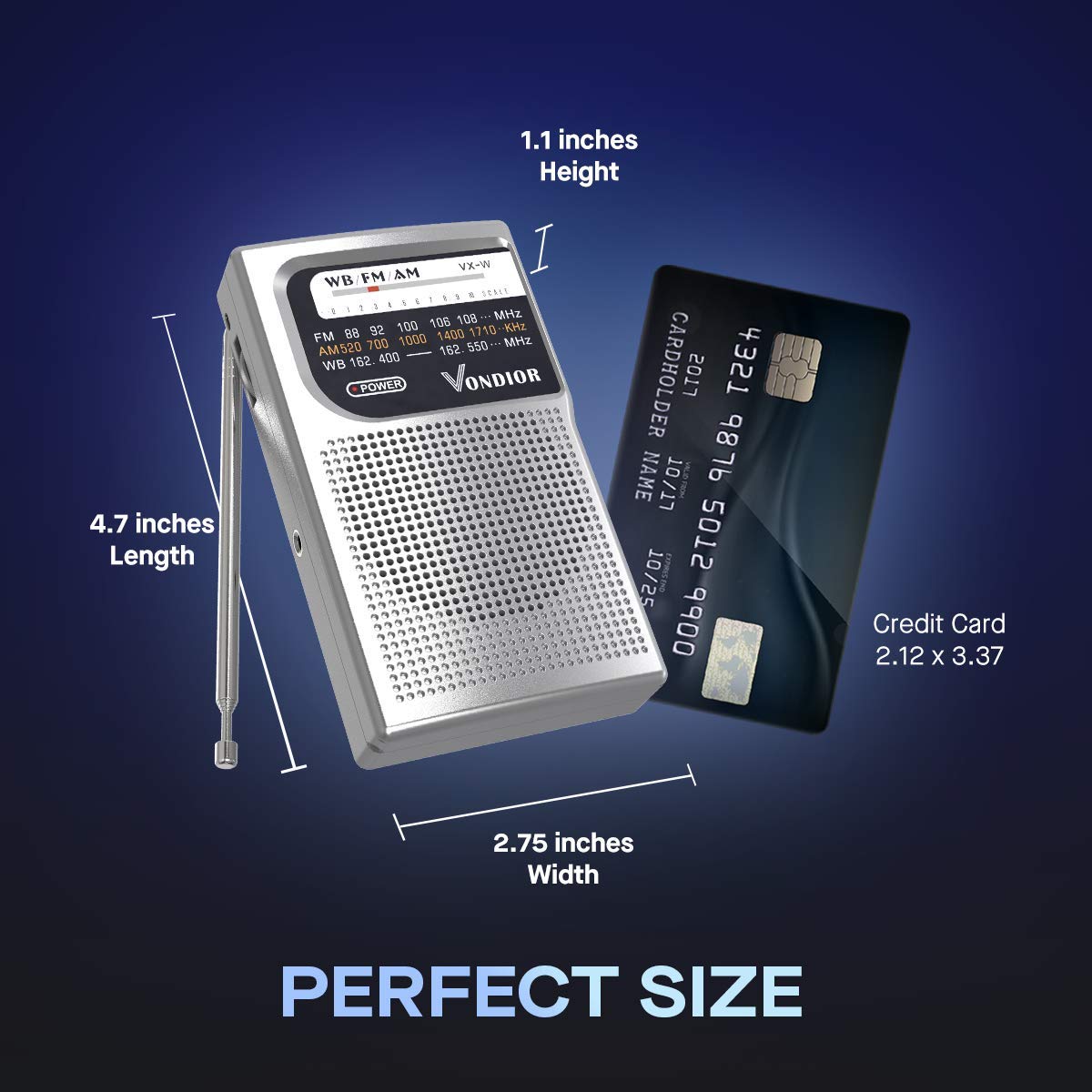 Vondior NOAA Weather Radio - Portable Emergency AM/FM Radio with Best Reception | Battery Powered (2 AA) | Headphone Jack | Silver | Ideal for Outdoor Camping, Hiking & Emergency Preparedness