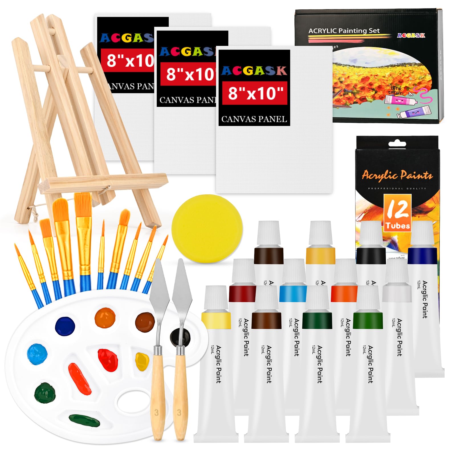ACKASK 30-Piece Acrylic Painting Kit for Adults & Kids - Complete Art Set with 12 Paints, 10 Brushes, Canvas Easel & Palettes - Perfect for Beginners, Artists & DIY Home Decor Projects