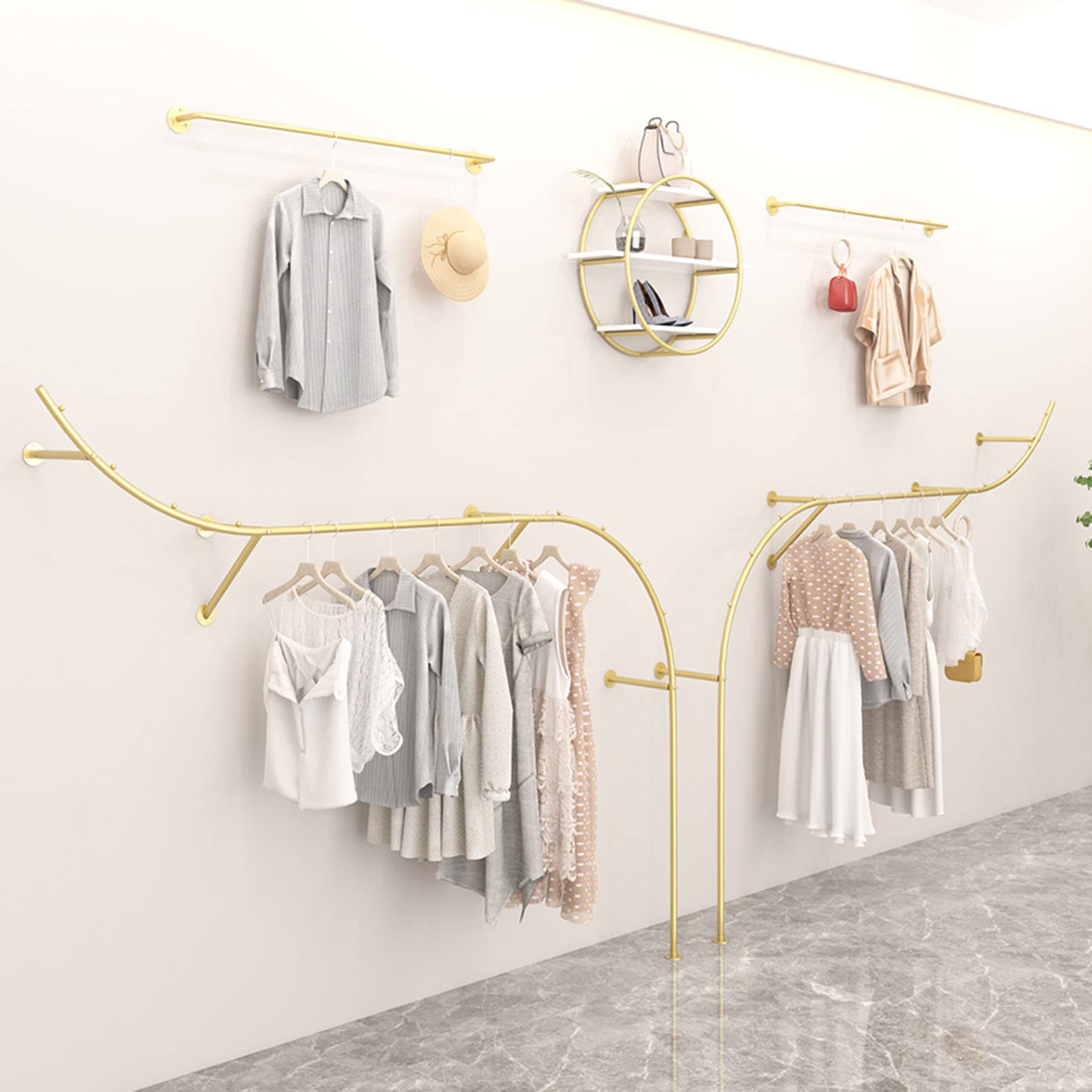 Gold Industrial Pipe Wall-Mounted Clothing Rack - Modern Boutique Display Shelf with 250cm Closet Rod for Home Cloakroom & Retail Store Organization | Perfect for Bedroom, Walk-In Closet, and Storefront Garment Display