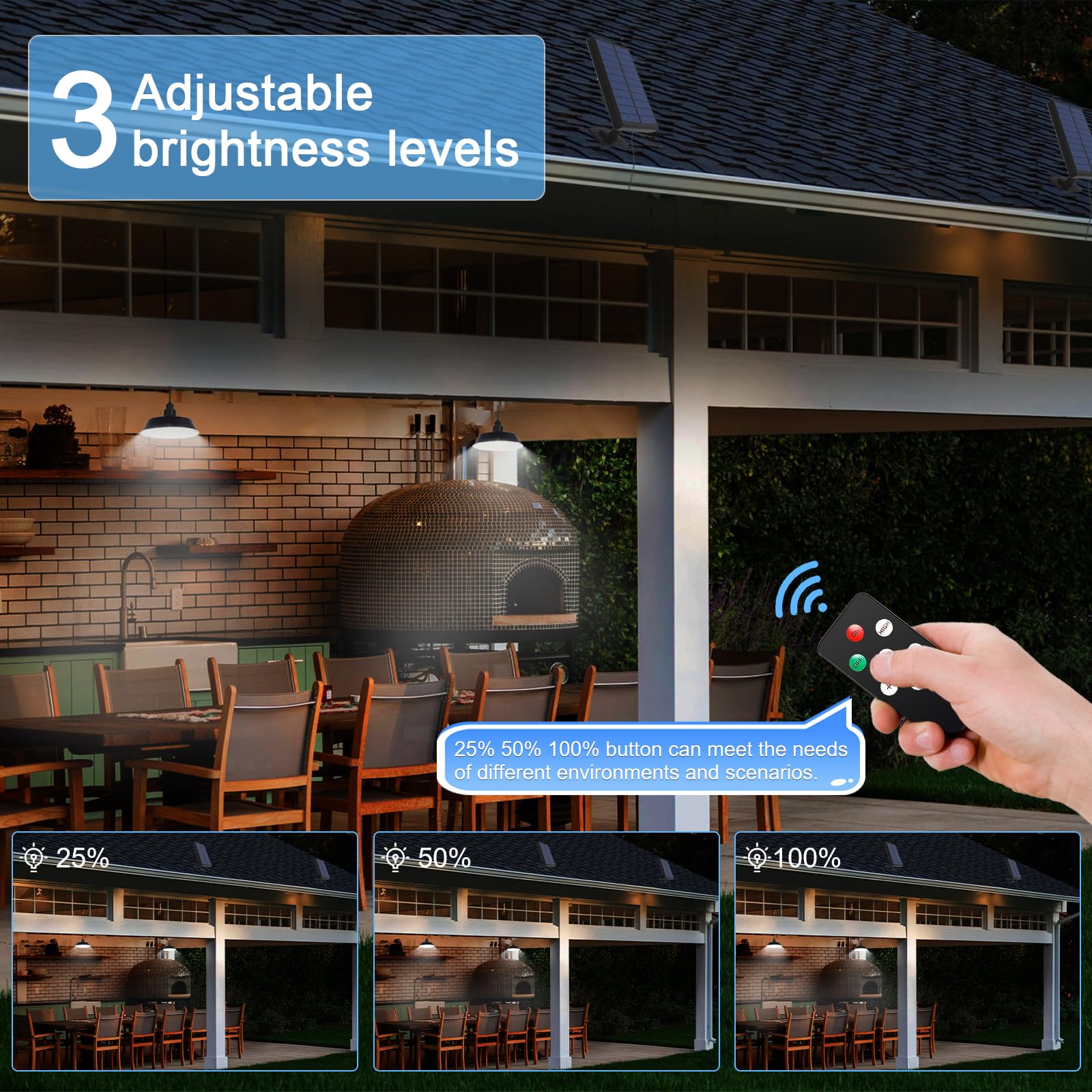 Solar Powered Outdoor Pendant Lights - 360° Adjustable Solar Panel, Dimmable Remote Control, 16.4ft Cable IP65 Waterproof - Perfect for Patio, Garage, Camping, Chicken Coop & Barn Lighting