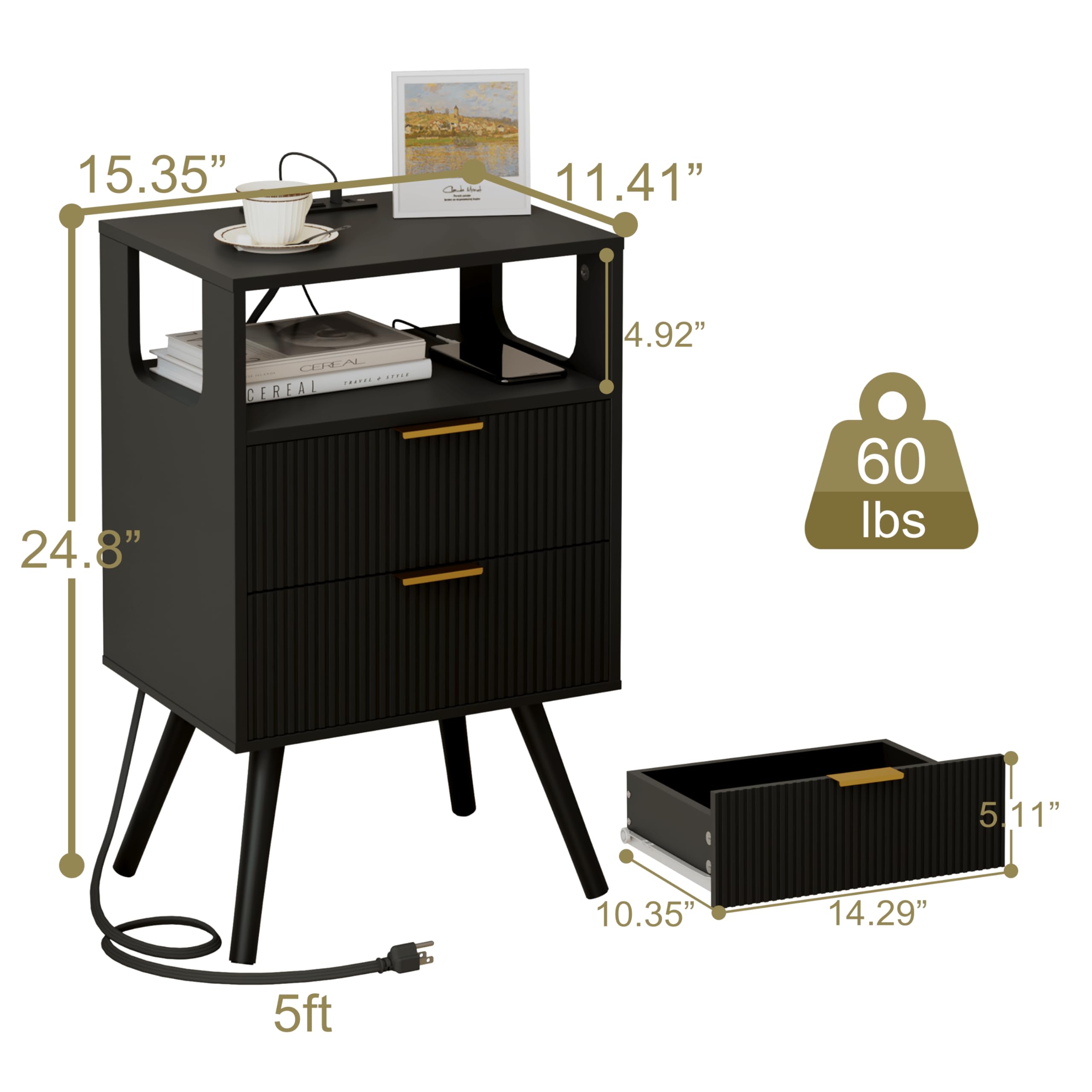 Modern Black Nightstand with USB Charging Station & LED Lights - Bedside Table with 2 Storage Drawers & Open Shelf - Solid Wood Legs for Bedroom, Living Room & Small Spaces - Perfect for Charging Devices & Nighttime Reading